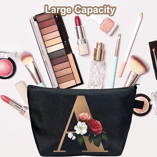 Miniatura 2 de CTNUOBEE Bolsa de comestic con letras del alfabeto dorado con bolsa de maquillaje de flores, bolsa de viaje portátil con cremallera, bolsa de aseo