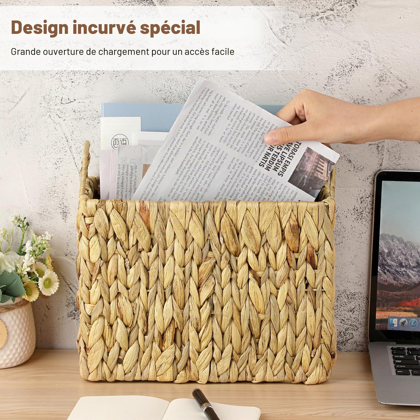 Porte-journaux robuste en jacinthe d'eau - Panier de rangement tissé avec poignée - Porte-documents peint à la main - Panier en osier pour livres, magazines, papiers comme décoration cadeau