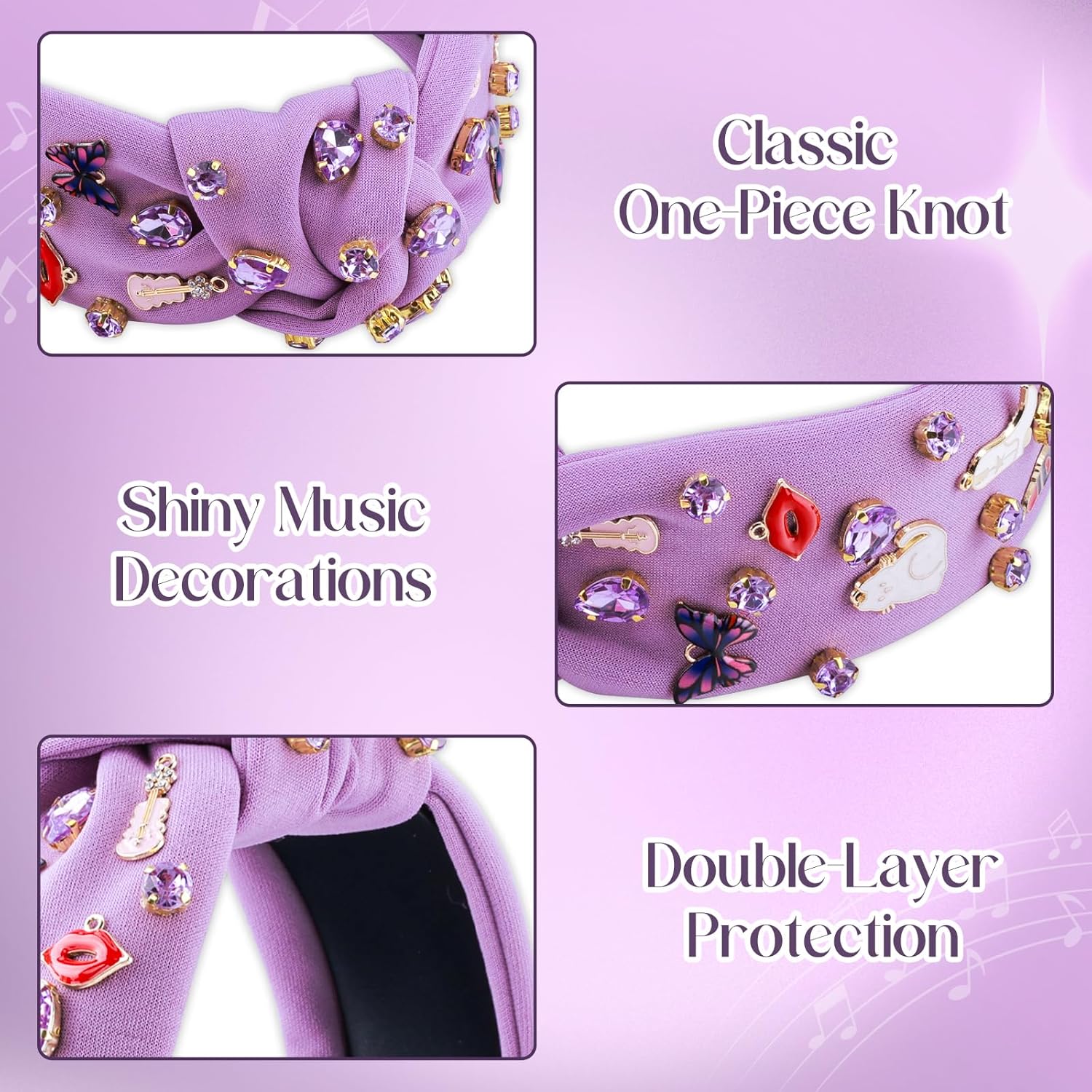 Music Headbands for Women, Singer Fans Valentines Day Gifts, Guitar Red Lip Rhinestone Wide Jeweled Knotted Headband, Crystal Beaded Jeweled Headband Hair Accessories Concert Birthday Gift (Purple) - Image 3