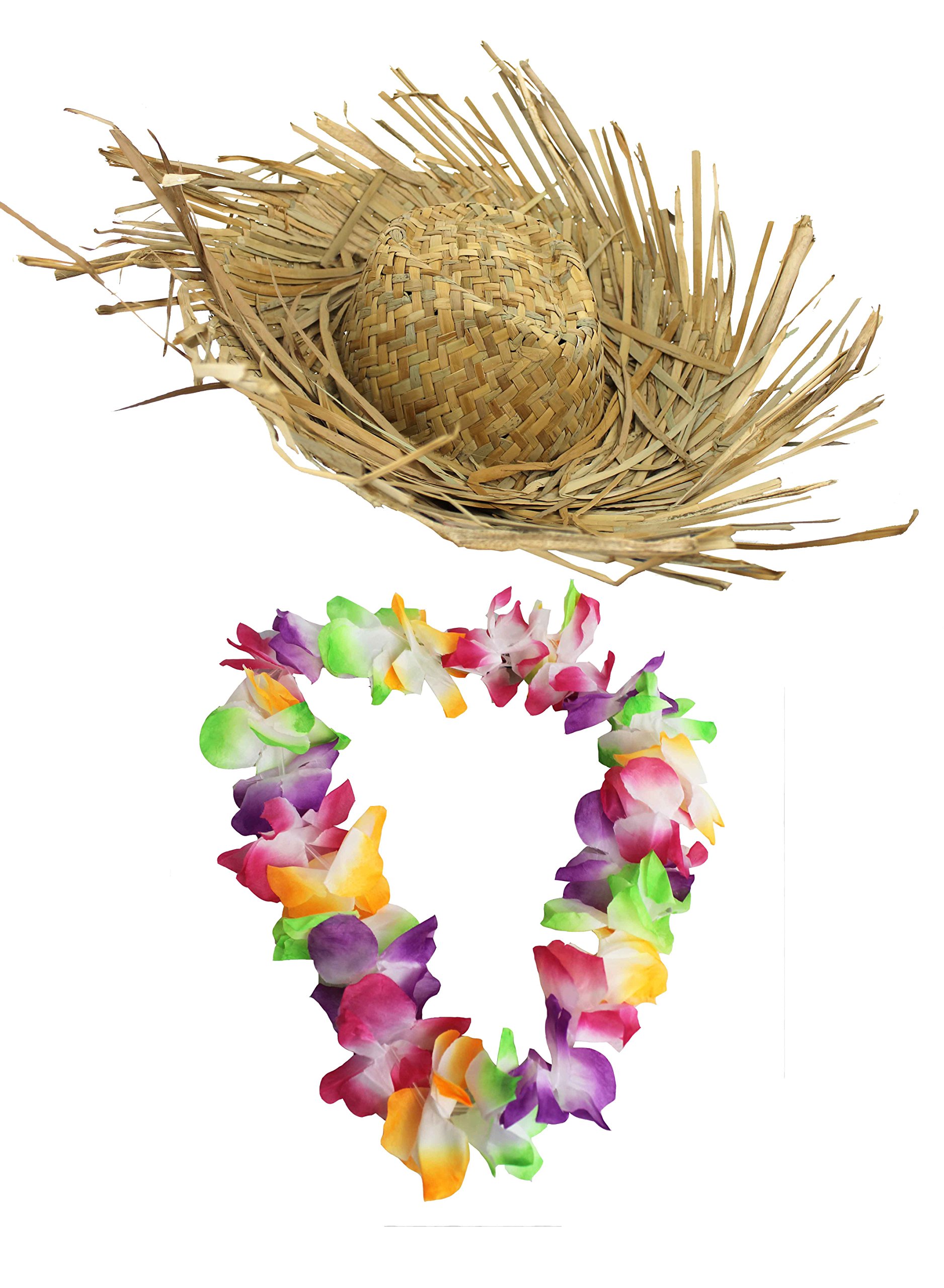 HAWAIIAN LEI + BEACH COMBER HAT FANCY DRESS SET COLOURED 18 INCH LEI HULA BEACHCOMBER HAT SUMMER HAWAII FLOWER LEI GARLAND ACCESSORY MENS LADIES (MULTI-COLOURED)