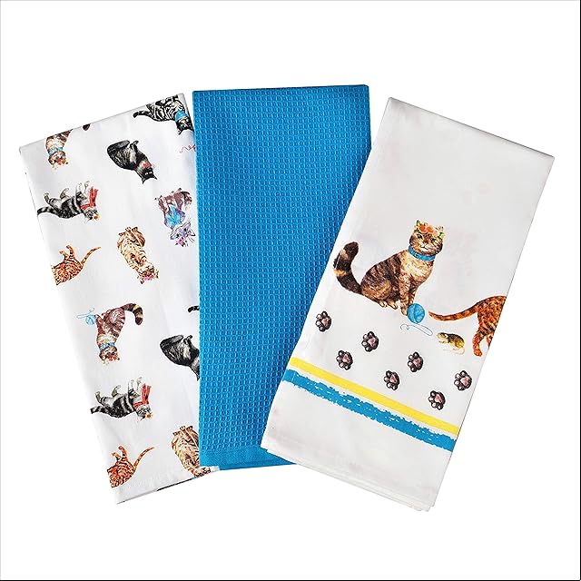 SiXsigma Sports Cat Tea Towels 100% Cotton Decorative Kitchen Cooking Dish Linen Cooking BBQ Pack of 3- Novelty Pretty Stylish Cats Premium Quality Grill Bake Ware cat gifts for cat lovers
