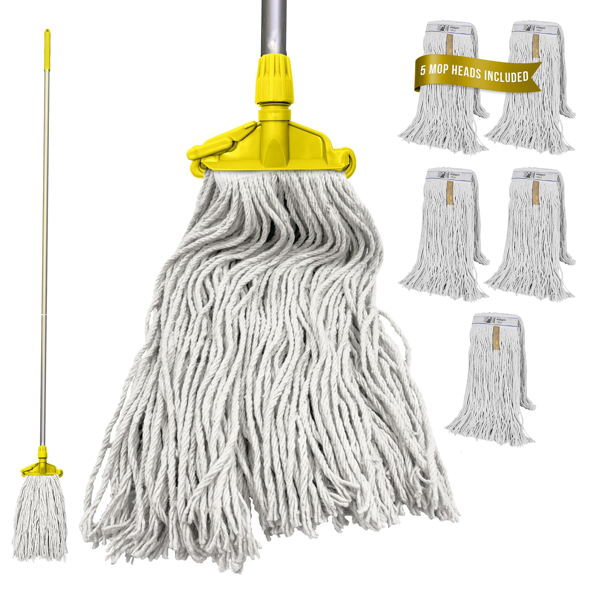 Tdbs The Dustpan And Brush Store Yellow Kentucky Mop Set, Colour-Coded Industrial Mop Includes X5 Kentucky Head, X1 Solid Aluminium Handle & X1 Plastic Clip, Commercial-Grade Heavy Duty Cleaner For Cleaning Floors (Yellow)