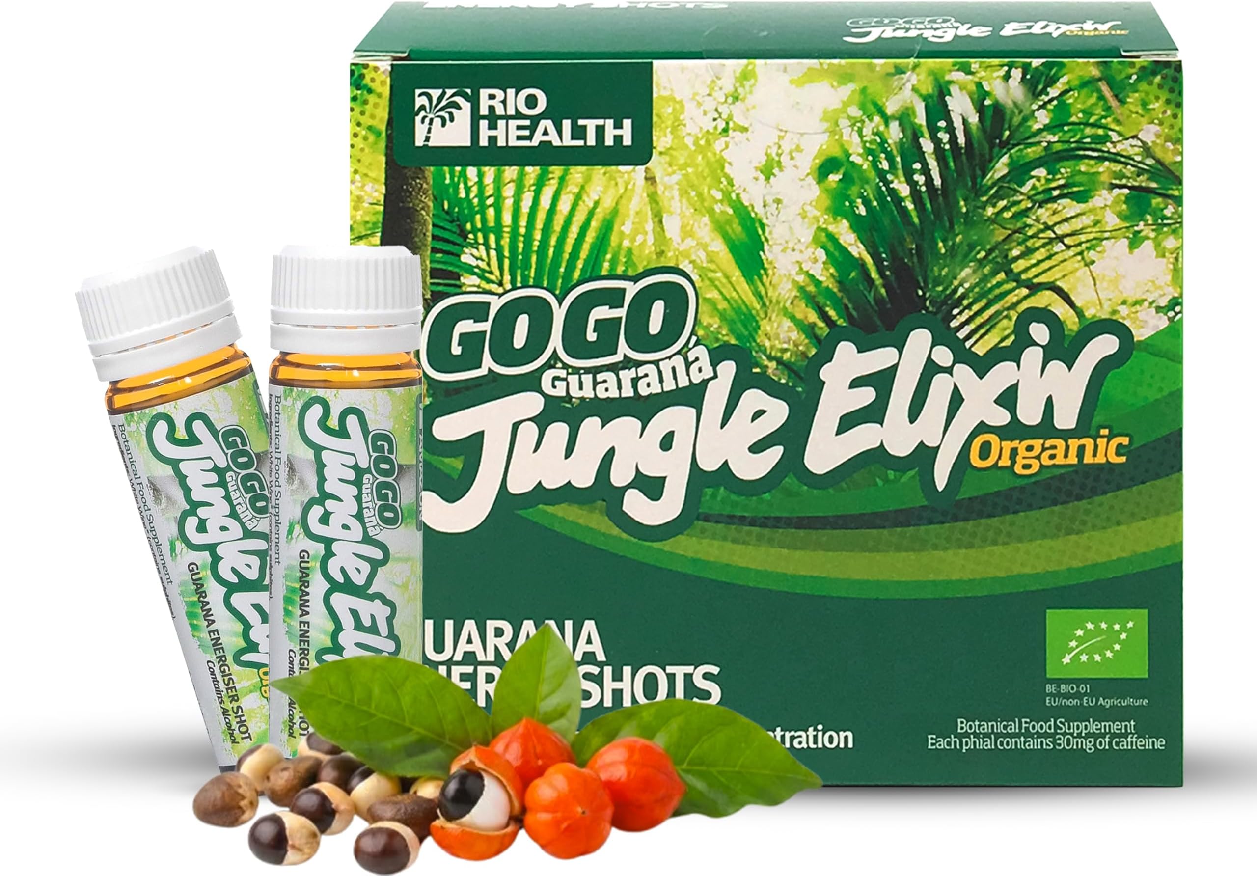 Rio Health GOGO Guarana Jungle Elixir - Natural Herbal Energy Drink for Focus & Alertness, Amazonian Botanical Natural Caffeine Organic Vegan Energy for 18+ Adults, Stimulant Tonic - 30 X 15ml Phials