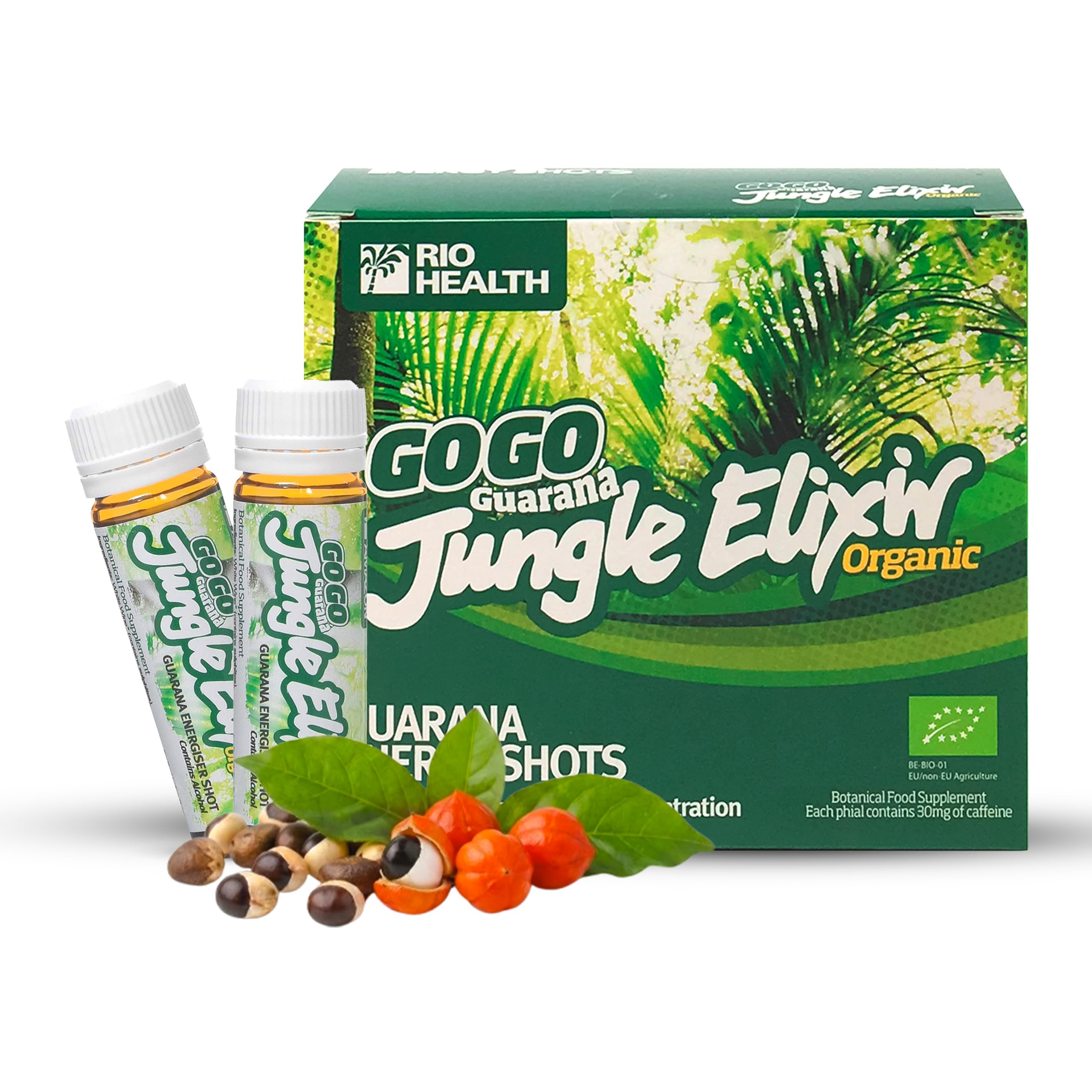Rio Health GOGO Guarana Jungle Elixir - Natural Herbal Energy Drink for Focus & Alertness, Amazonian Botanical Natural Caffeine Organic Vegan Energy for 18+ Adults, Stimulant Tonic - 30 X 15ml Phials