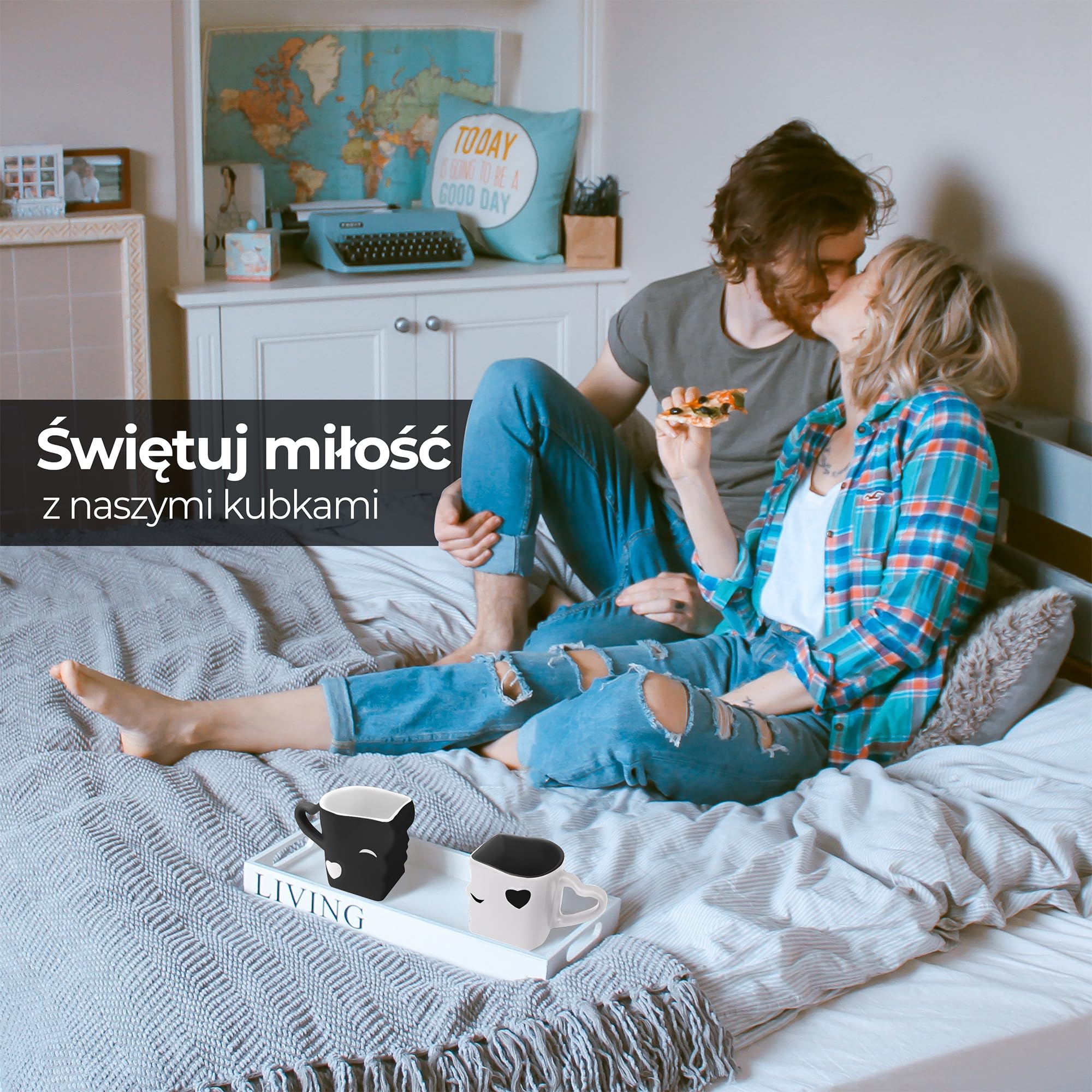 MIAMIO - Zestaw kubków do kawy/kubków do całowania w prezencie dla par/na wesele/urodziny/rocznicę, ceramiczne 300 ml (czarne)