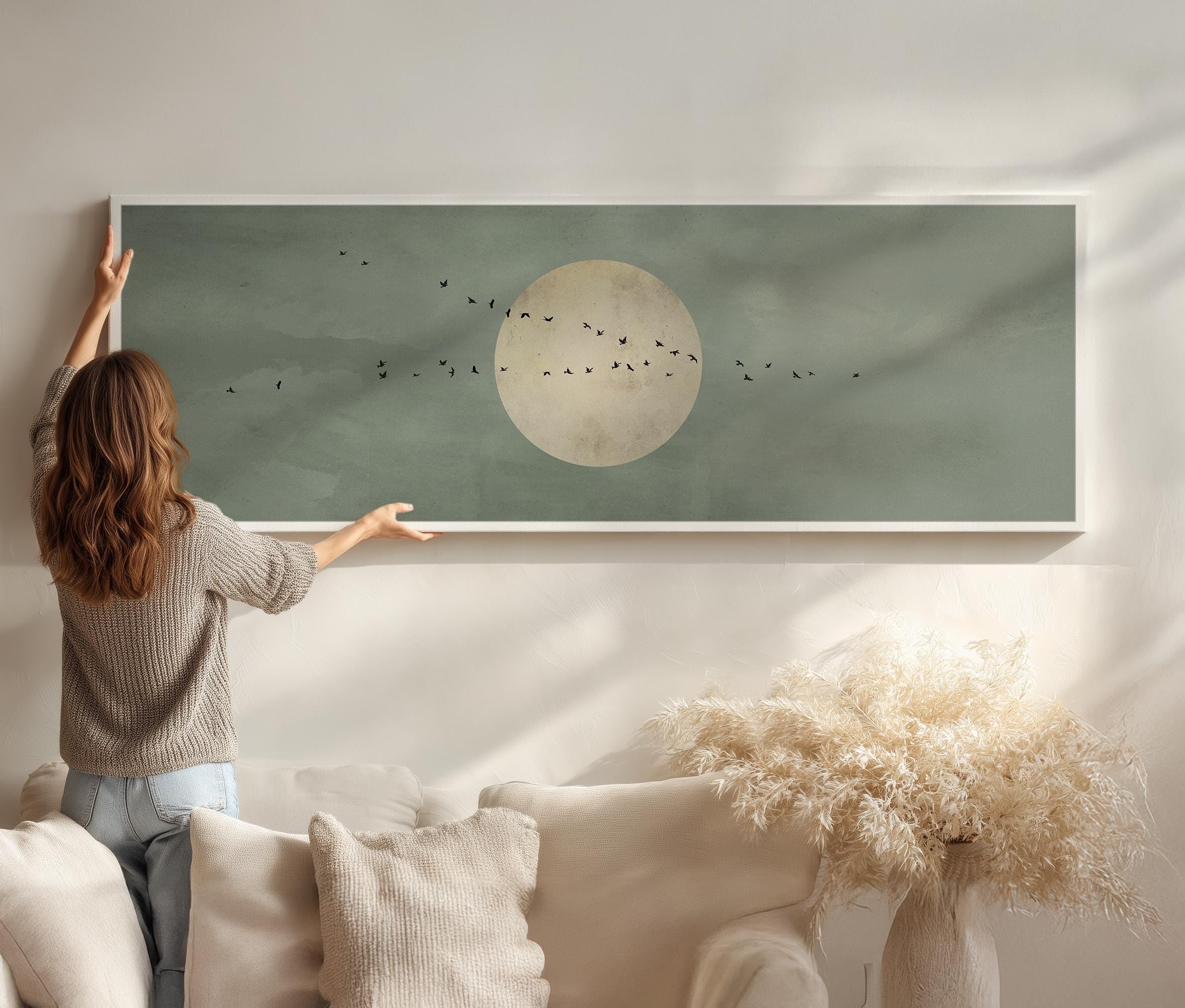 YUSUZHU Quadro su tela Japandi con luna verde salvia - Grande decorazione panoramica per la decorazione del letto. Immagini, dipinti, poster, stampe murali (40x120 cm/cornice interna)