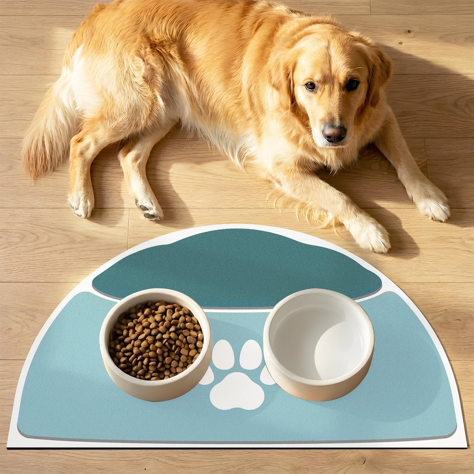 METEOROCK Half Circle Pet Food Mat, 71x43 cm Large Dog Mat for Bowls, Non-Slip Rubber Base Dog Food Mats for Floors for Large Dogs, Designed for Multi-Pet Sharing Feeding Mats for Dogs (Dark Teal)