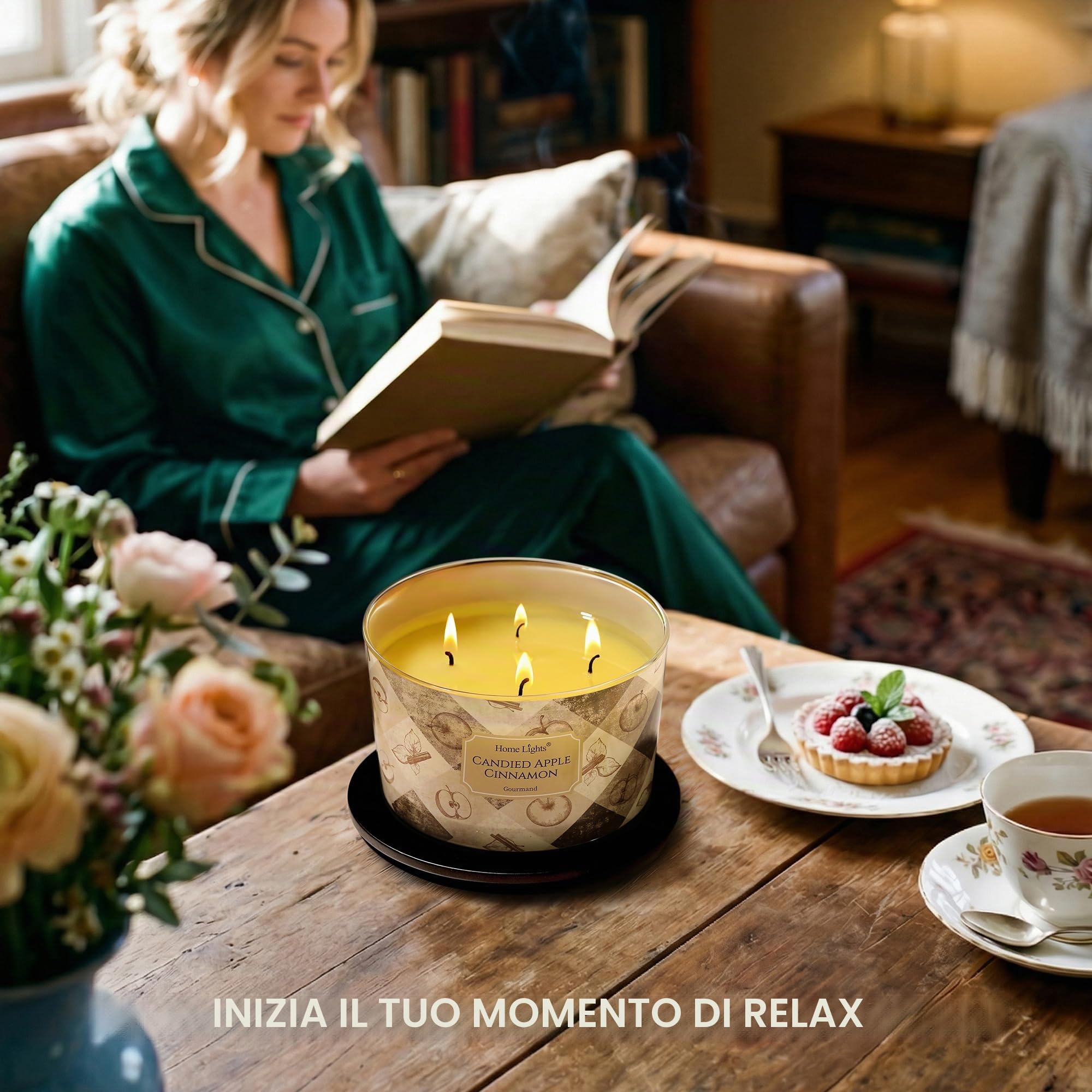 HomeLights Candele al profumo di cedro balsamico 510g, stile industriale chic, barattoli grandi da 4 stoppini Candele ideali per regali per eventi Seasonal Gourmand (Canella di mele caramellate)