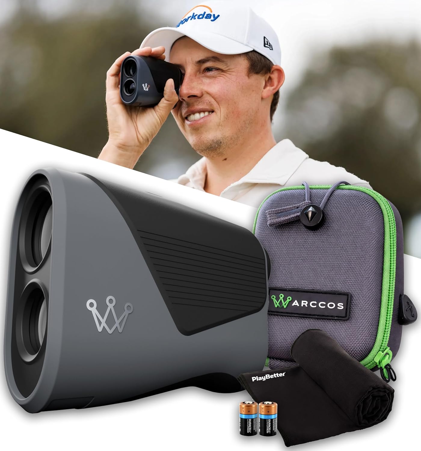 Arccos Smart Golf Laser Rangefinder Bundle - AI-Powered “Plays Like” Distances, Slope with PlayBetter Microfiber Towel & CR2 Battery
