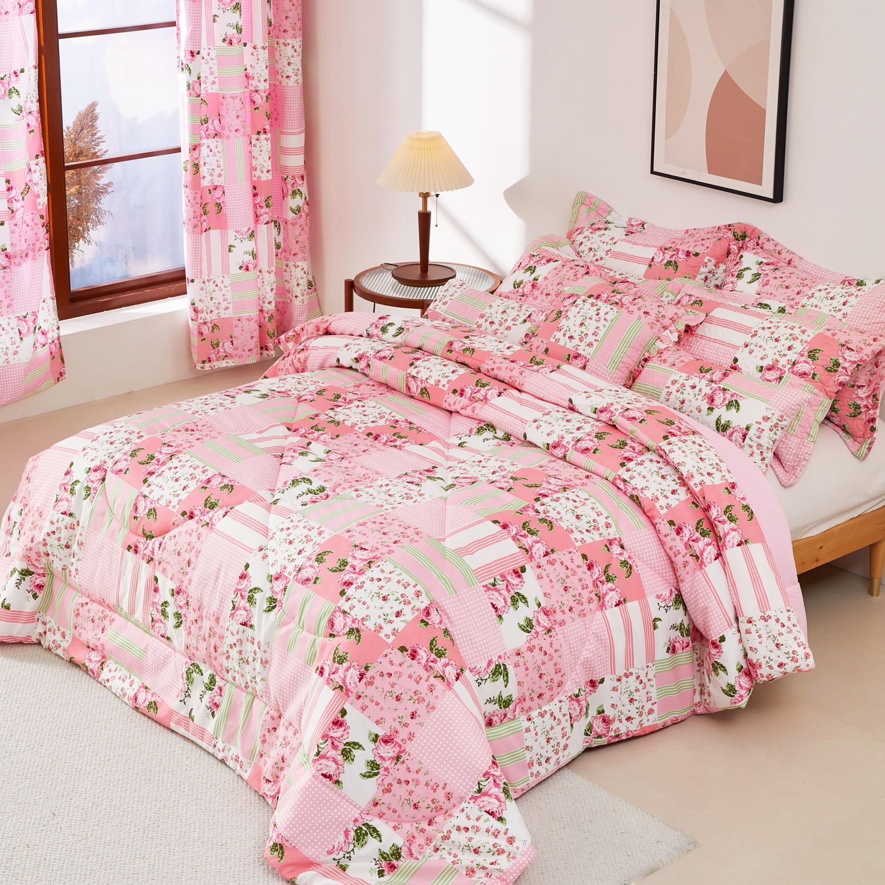Floral Comforter with 2 Pillow Shams-King Size,Patchwork Pink Bed Set 3 PCs,Soft Microfiber Comforter Set for Girls,Lightweight Reversible Bedding for All Season(King102 x90,Pink)