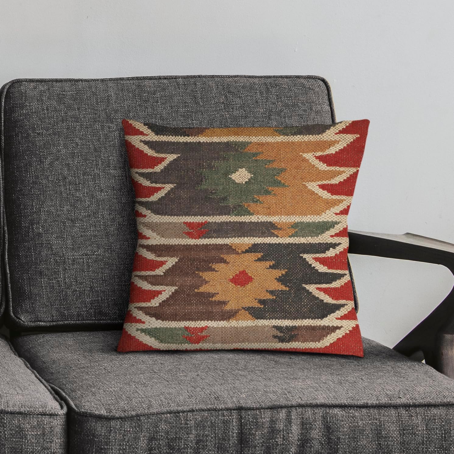 Throw Pillow Cover Wool Decorative Pillow Cover Kilim Pillow Cover 18x18 70% Jute 30% Wool – Indian Vintage Boho Cushion Case Decorative Oriental Throw Pillow for Sofa Rustic Home Decor Sham