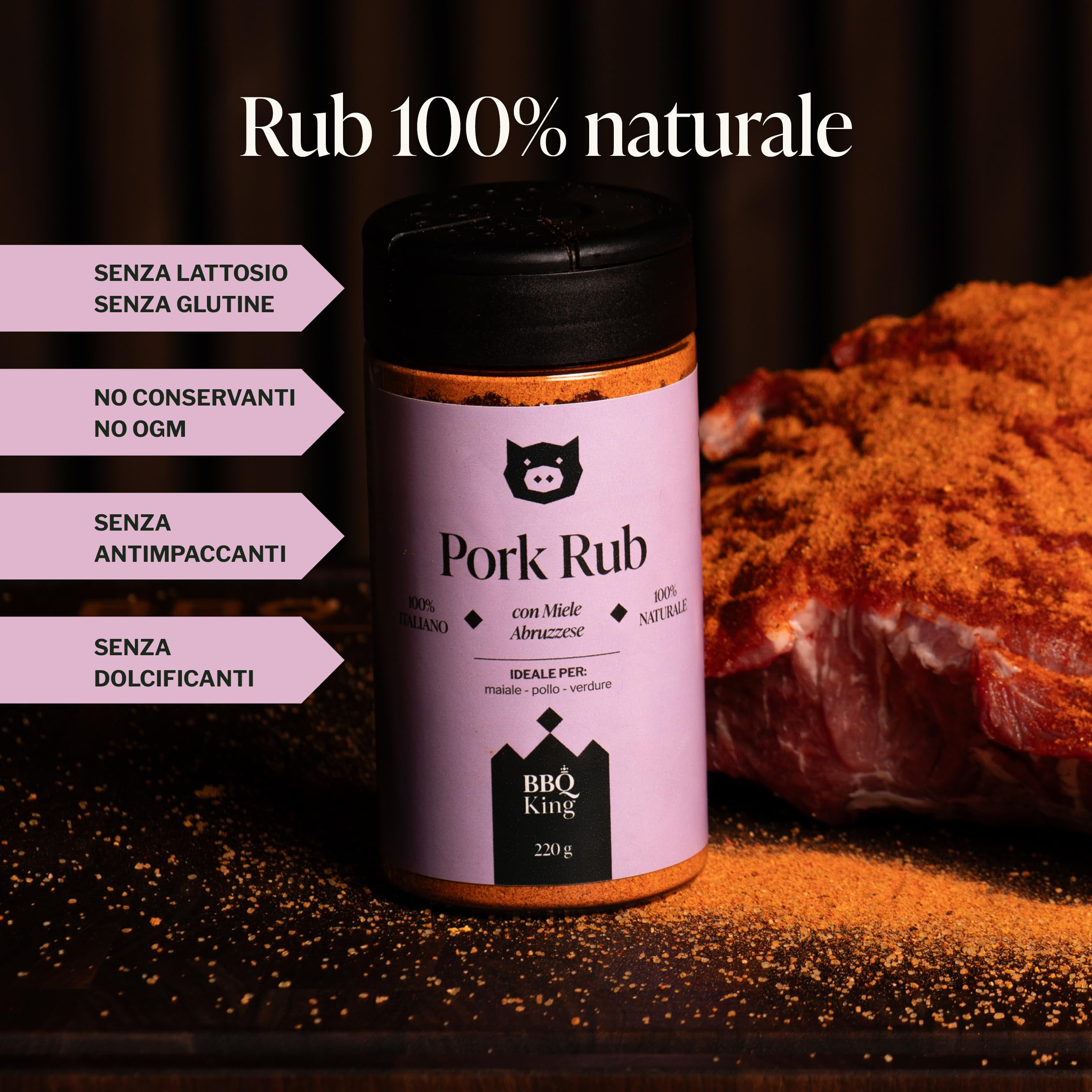 BBQ KING - Multi Pack Pitmaster Rub per Barbecue, 4 Confezioni da 215/250 Gr di Dry Rub Bbq, Miscela di Spezie 100% Made in Italy, 1 x Chicken Rub, 1 x Pork Rub, 1 x Ribs Rub e 1 x Cowboy Rub