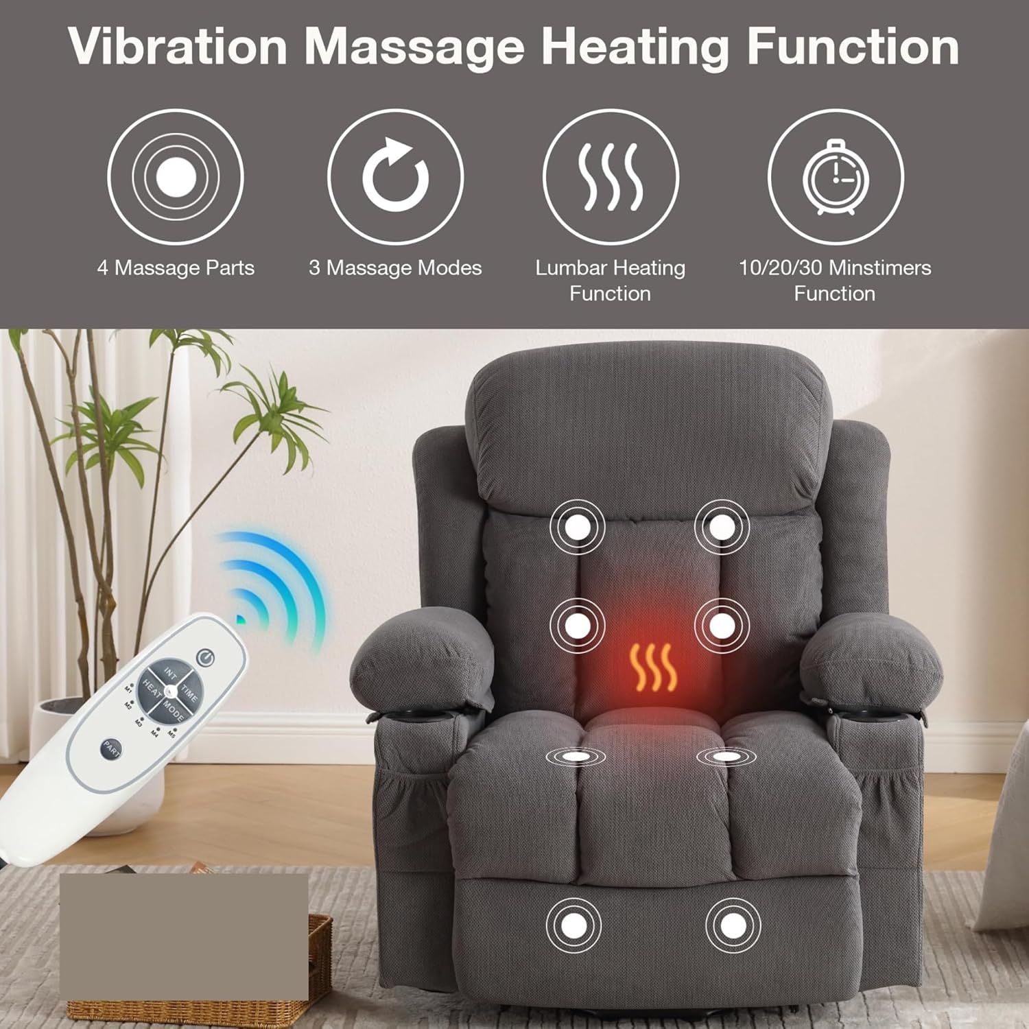 Electric Oversized Single Sofa for Elderly with Vibration Massage Living Room Power Lift Recliner Chair with Cup Holder and USB Charge Port Lumbar Heating