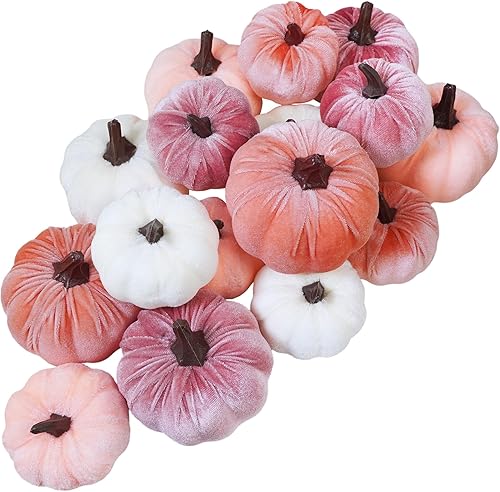 Vista 17 de Juego de 16 calabazas de terciopelo sintético surtidas, decorativas, color verde azulado, verde, gris, marfil, calabazas de espuma de tela