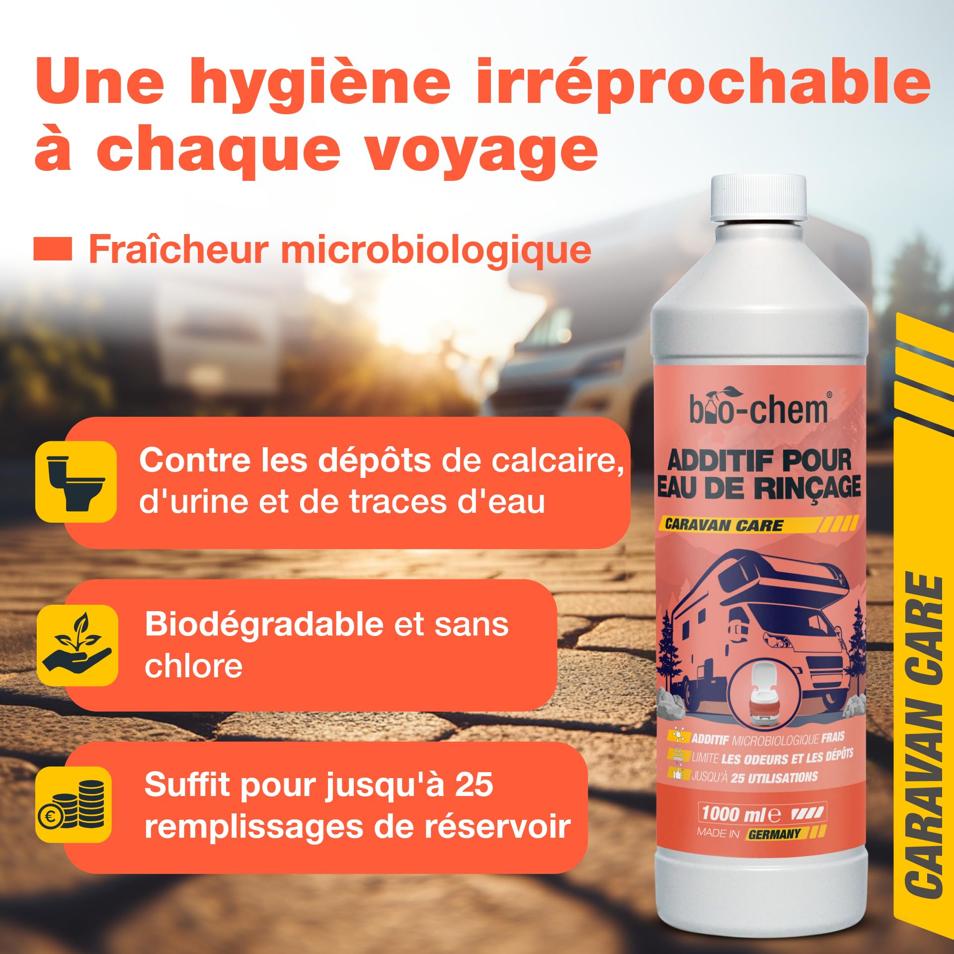 Bio-Chem - Additif sanitaire pour Eau de rinçage - Nouvelle Formule avec microorganismes - Produit WC nettoyant pour Toilettes sèches de Camping et Camping Car