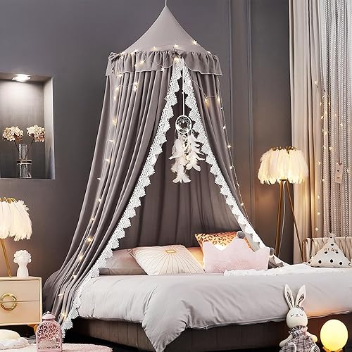 Miniatura 10 de Kertnic Toldo de cama para niñas, toldo de princesa rosa suave con volantes, decoración de lazo de ensueño, toldos de cama para habitación de los