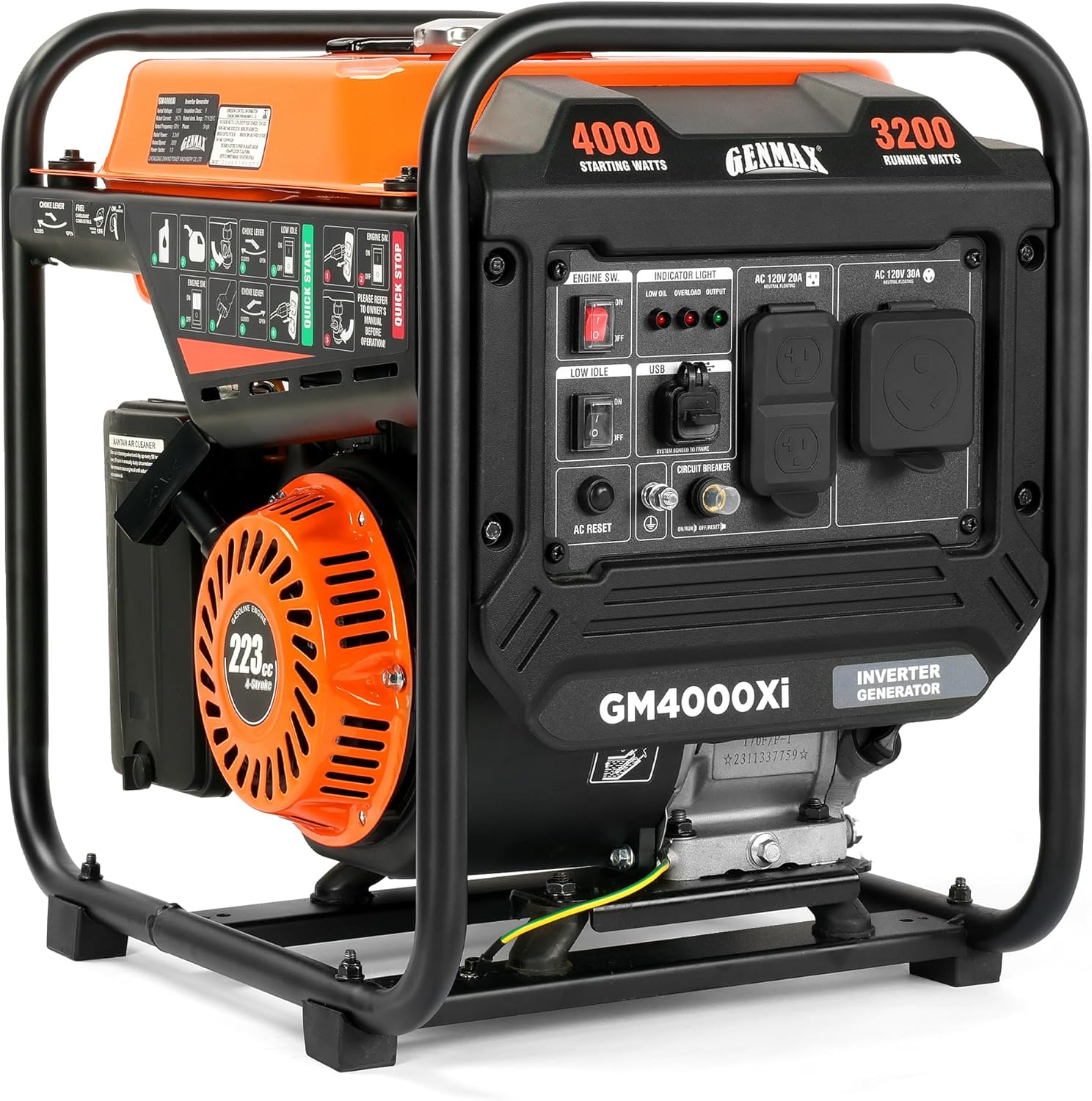 GENMAX 4000W Portable Inverter Generator with 30A RV Outlet Clean Power for Camping Home Backup