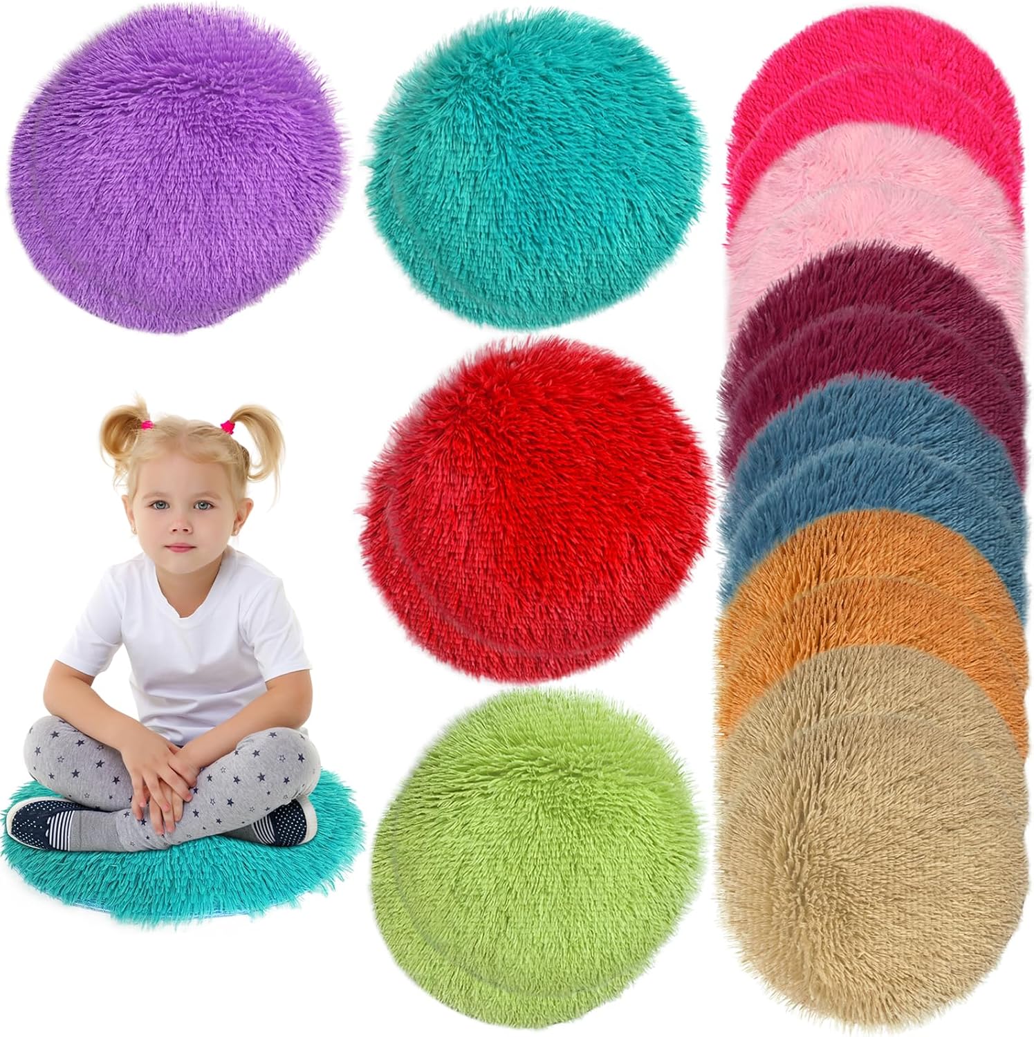 20 Pcs Kids Crazy Carpet Circle Seats Rainbow 16 Inch Round Floor Mat Kids Floor Cushions Soft Colorful Educational Classroom Rug for School Home Group Activity Learning Marker Playing Areas