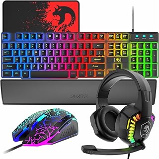 MAMBASNAKE T11 UK Layout Gaming Keyboard Mouse Headset Combo+Ergonomic Wrist Rest Support+Mouse Pad, Mechanical Feel Keyboard+PC Gaming Mice+RGB Headphone, Wired Backlit Bundle Kits for PS4 XBOX-Black
