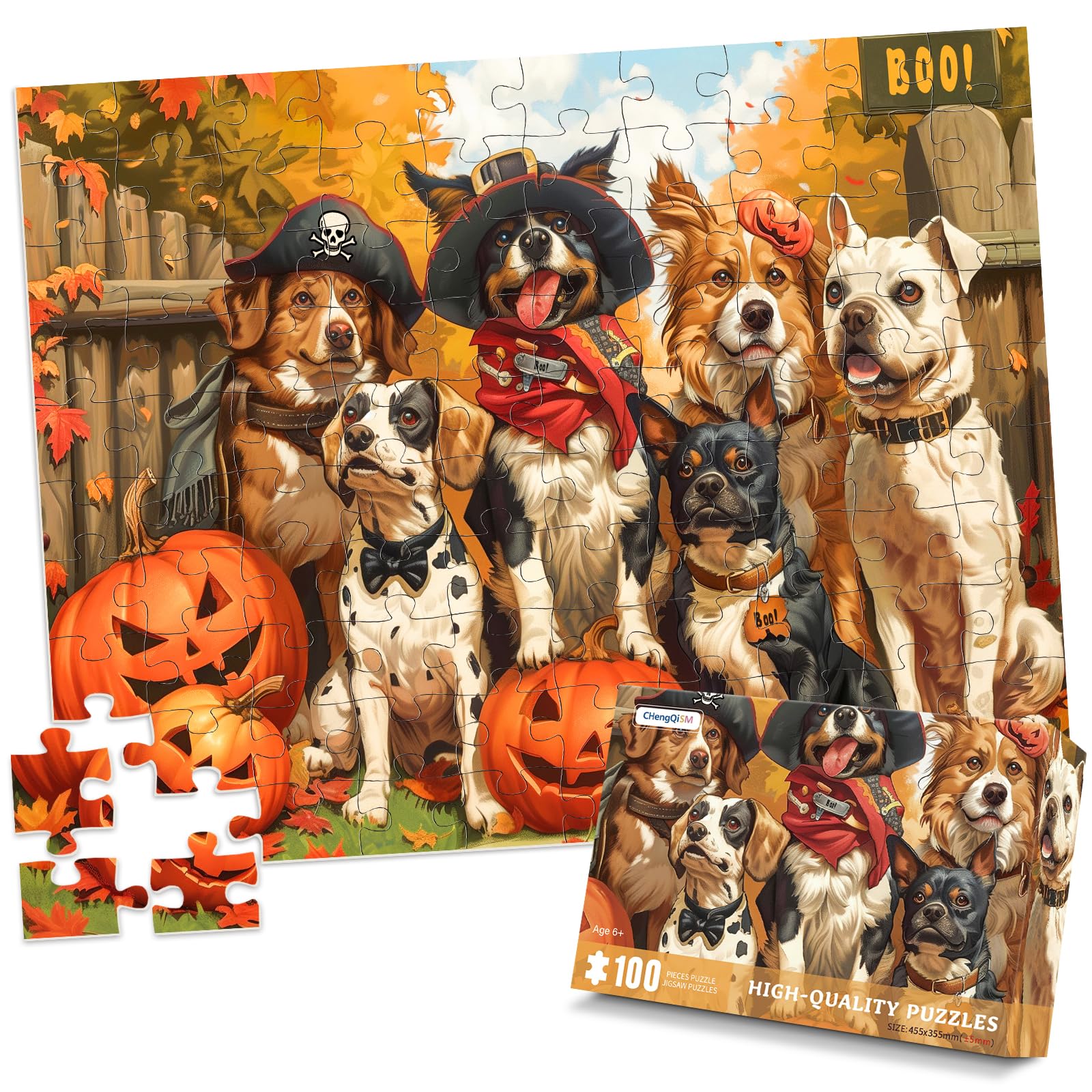 100 Pieces Puzzles For Kids Halloween Dog Party Puzzle 100 Piece Puzzle For Adults, Cute Kitten Halloween Puzzles 100 Pieces Seniors Kids Trick or treat!
