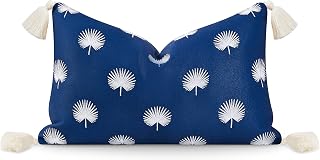 Hofdeco Premium Coastal Hampton Style Patio Indoor Outdoor Lumbar Pillow Cover Only, 12"x20" Water Resistant for Backyard, Couch, Navy Blue Embroidered Palm Leaf Tassel