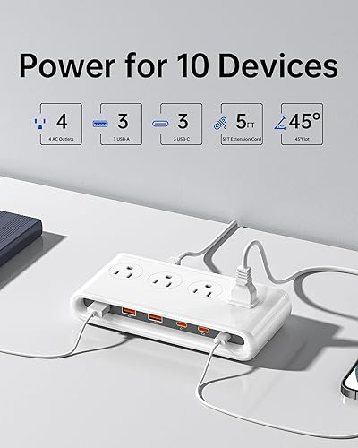 Miniatura 2 de Estación de carga USB 10 en 1 con salidas de CA, regleta protectora de sobretensiones con puertos USB PD 20W, cable de extensión USB de 4.9 pies