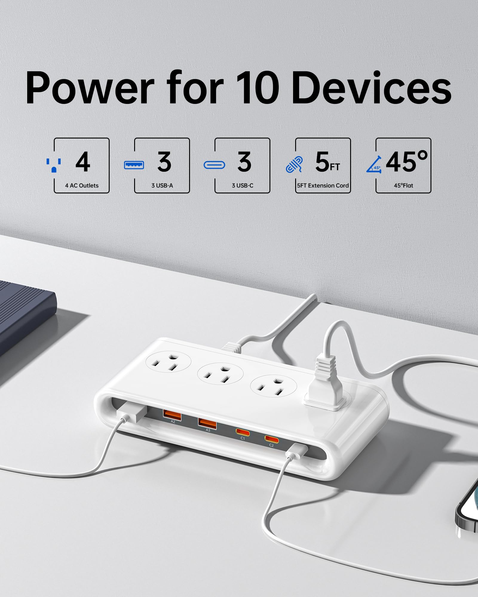 KWRNVO 10-in-1 USB Charging Station with AC Outlets, Surge Protector Power Strip with USB Ports PD 20W, 4.9ft USB Extension Cord for Home/Office/Travelling Essentials