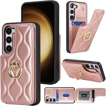 Lipvina for Samsung Galaxy S23 5G Case with Card Holder,Wallet Case for Women,Credit Card Holder,Stand Ring Kickstand,Phone Case 6.1"Rose Gold