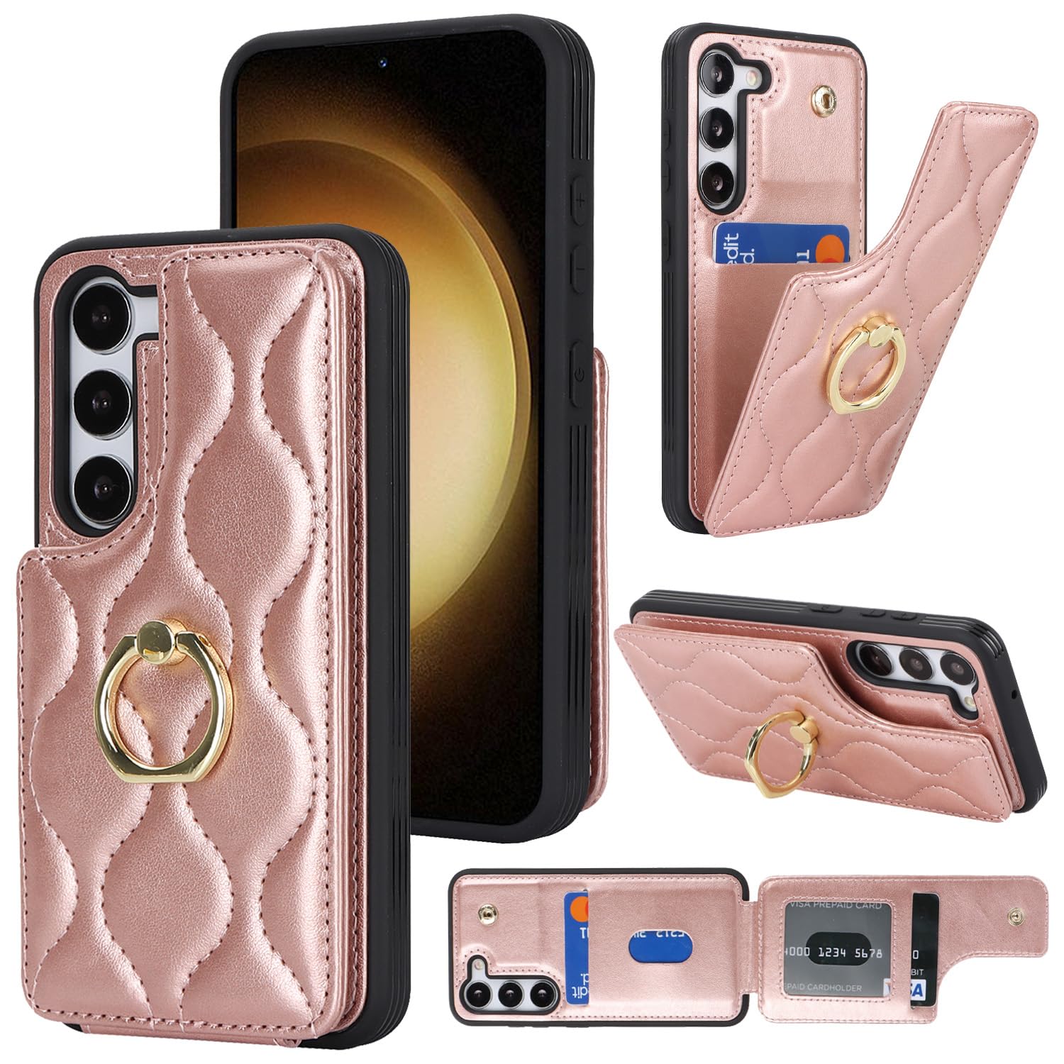 Lipvina for Samsung Galaxy S23 5G Case with Card Holder,Wallet Case for Women,Credit Card Holder,Stand Ring Kickstand,Phone Case 6.1"(Rose Gold)