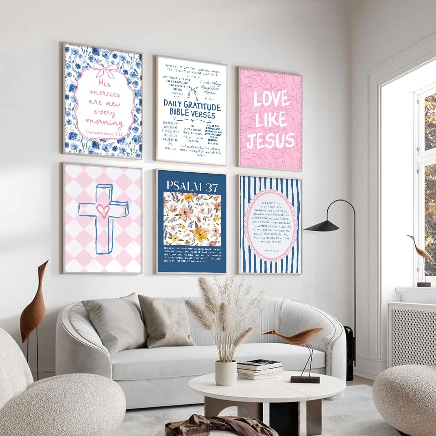 6Pcs Pink Blue Christian Wall Art Bow Bible Verse Floral Canvas Wall Decor Religious Pictures Jesus Scripture Poster Prints Trendy Preppy Painting for Bedroom Girls Room College Dorm 12x16in Unframed