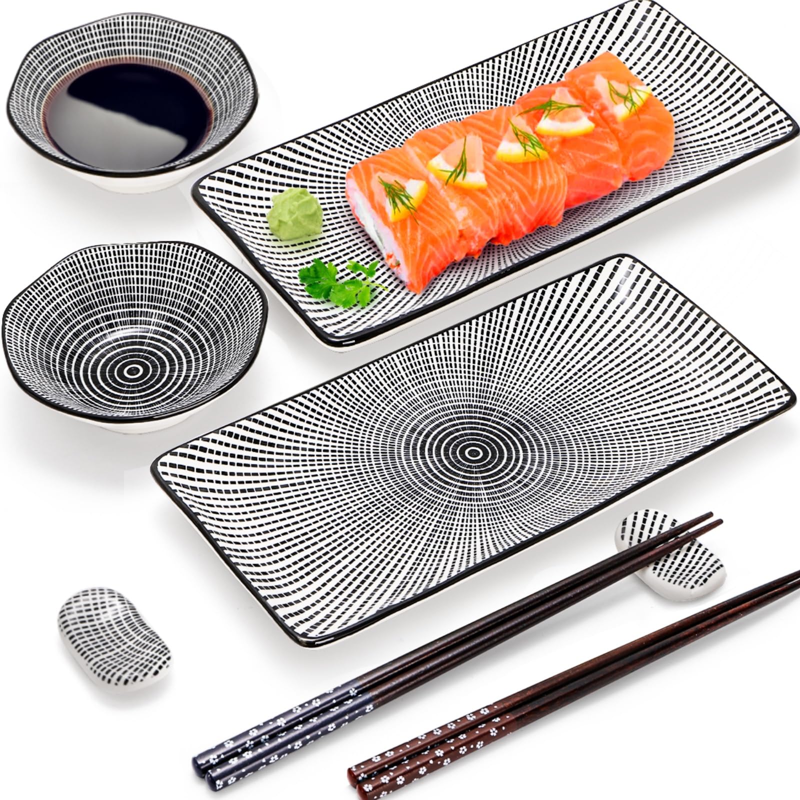 Juego de 8 platos de sushi de cerámica, para 2, vajilla japonesa de sushi para inauguración de la casa, incluye 2 platos para servir, 2 cuencos para salsa, 2 pares de palillos, 2 soportes para