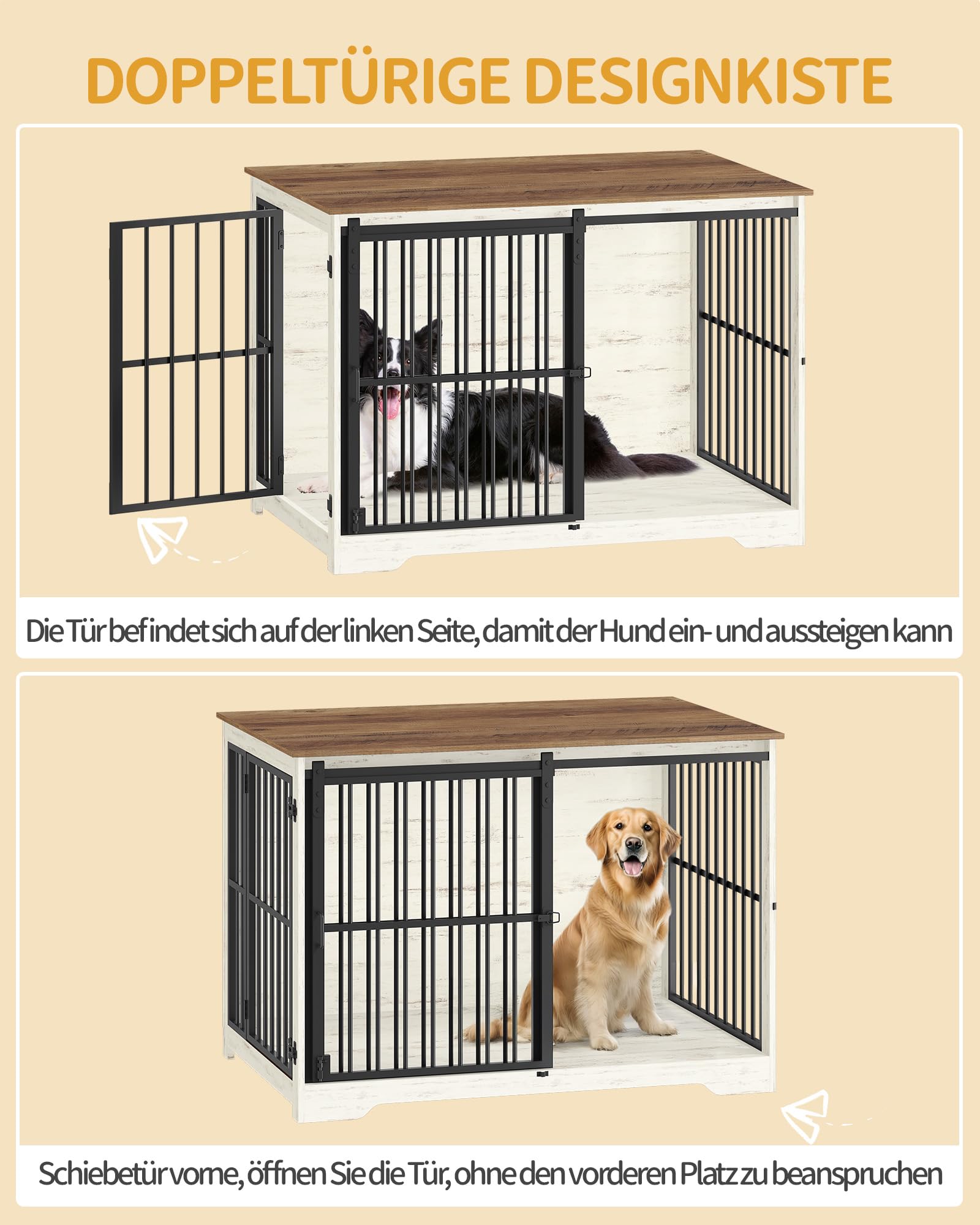 Hzuaneri Hundekäfig Möbel, 110 cm Hundebox, 2 Türen, Moderne Hundekäfig Indoor für Kleine/Mittlere/Große Hunde, Beistelltisch, Verstärkte Schiebetür, 110 × 65 × 81 cm, Weiß Braun DFC84414B