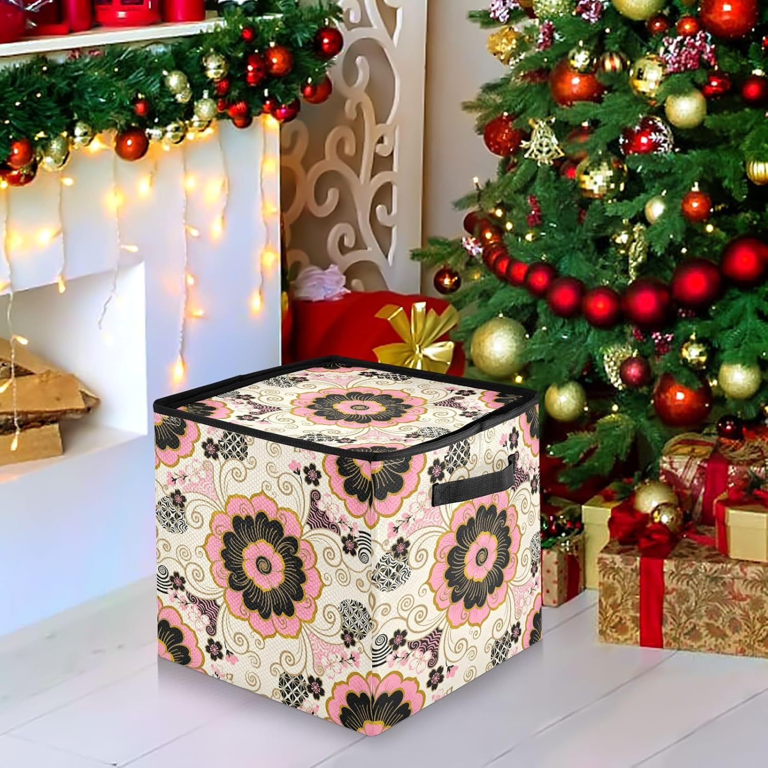 High Capacity Christmas ornament organizer storage Holds Up to 64, Adjustable Dividers foldable Holiday Storage Case with Lid,Japanese Style Cherry Blossom Paisley Flower Pink