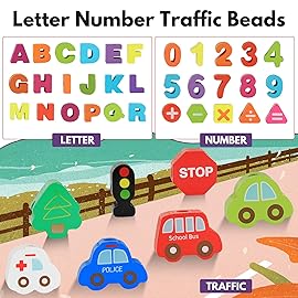 BMTOYS Wooden Lacing Toy Alphabet Number Threading Beads for Boys Girls Age 3 4 5 6 Montessori Educational Learning Birthday Gift