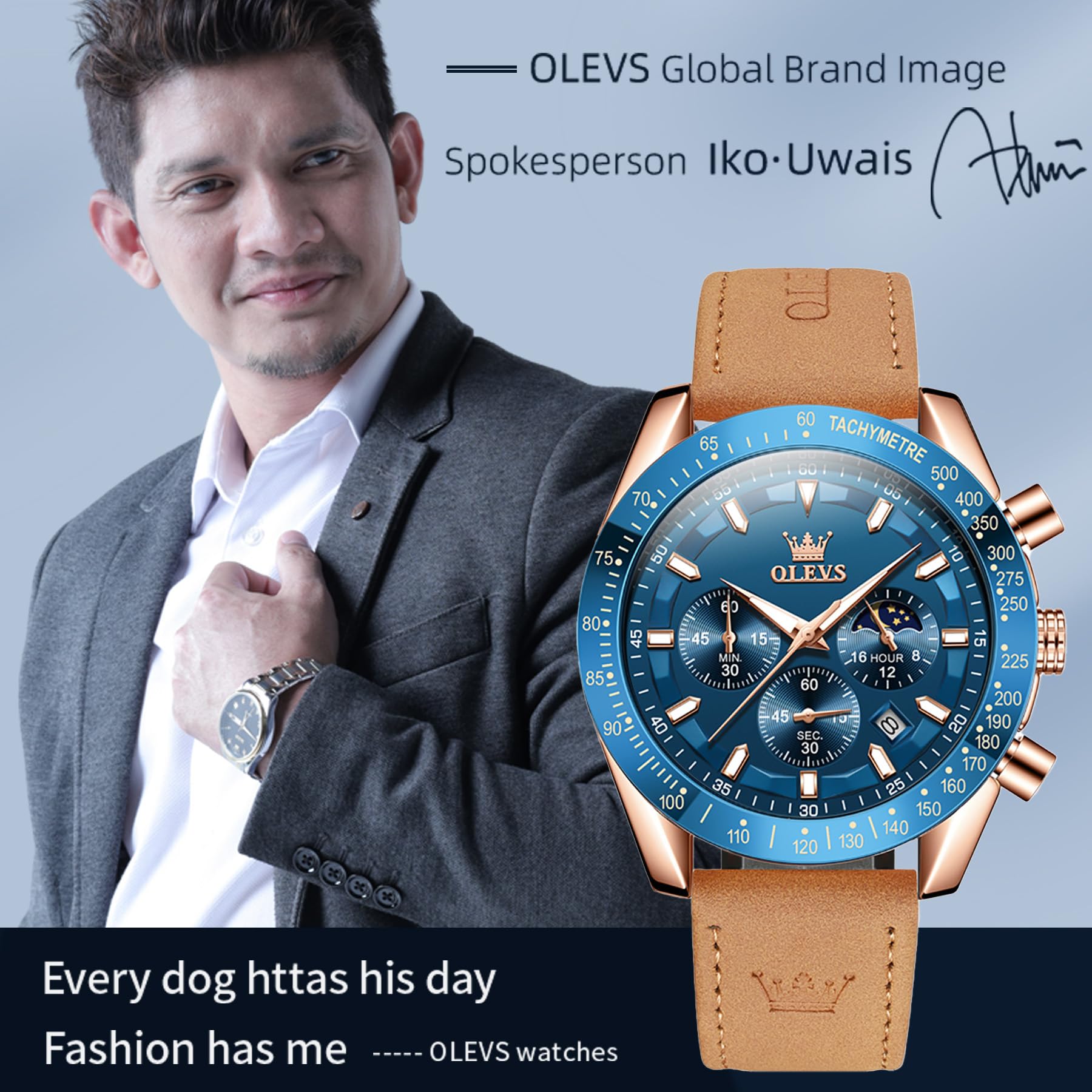 OLEVS Orologio da uomo al quarzo multifunzionale cronografo marrone cinturino in pelle impermeabile sport luce notturna moda calendario simulazione orologio, 9957- Rosa Shell Blue Face, Moderno