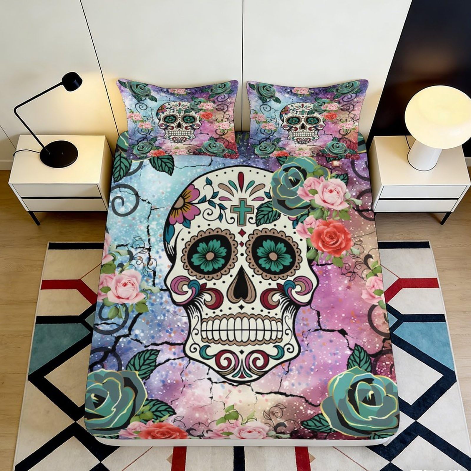 3D Printed Sugar Skull Floral Fitted Sheet Microfiber Colourful Rose Bed Cover for Bedroom Dorm Decoration 90x200x25cm