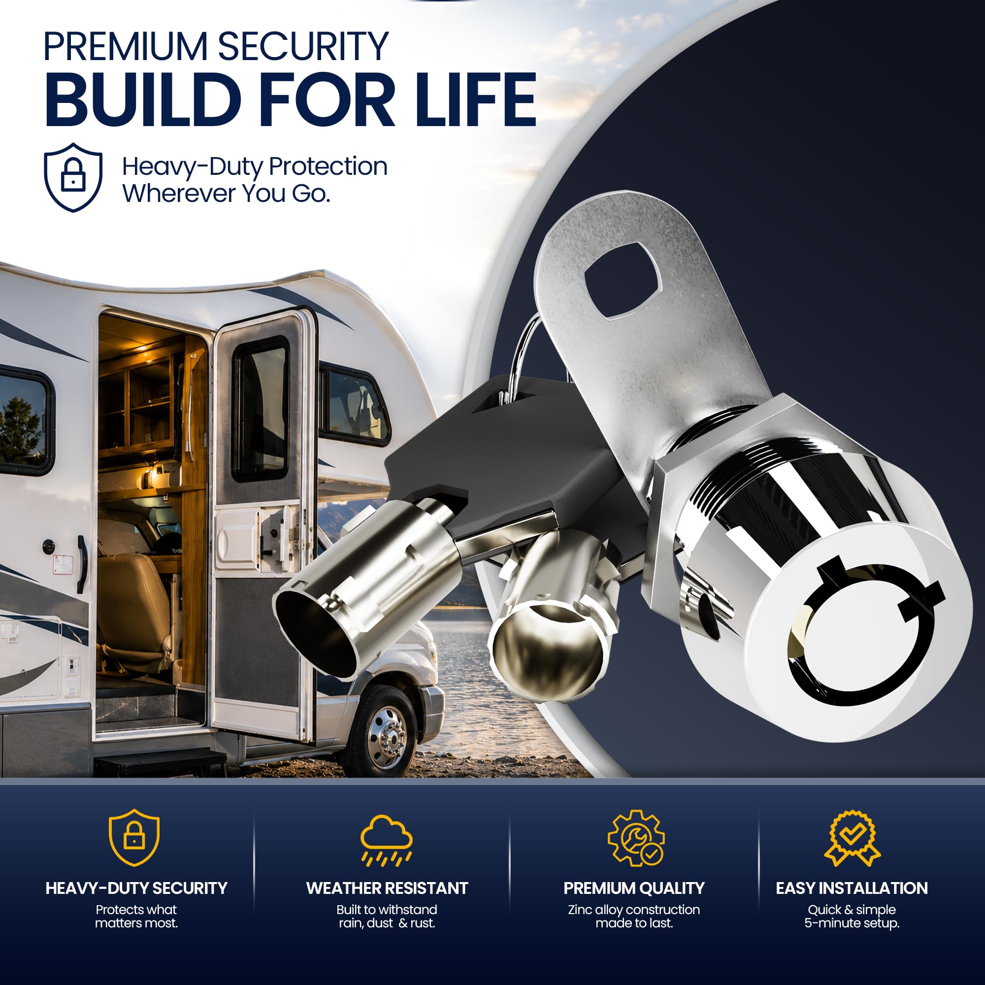 Cerradura de leva tubular de 5/8 pulgadas, llave igual extraíble con compartimento para caravana, cerradura de almacenamiento para armario (5/8 pulgadas 90°, cromado, paquete de 10)
