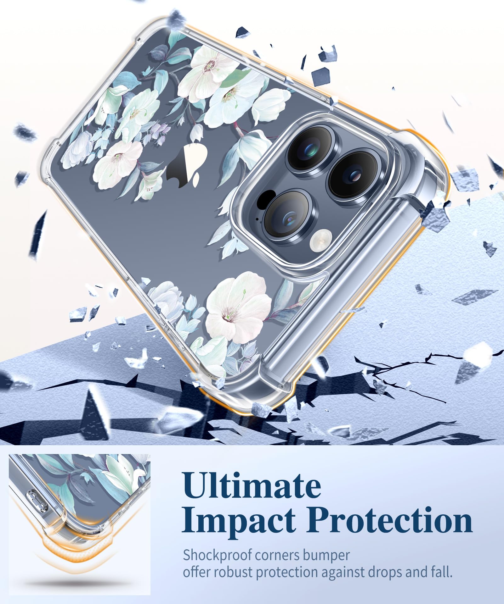 GVIEWIN Cover Compatibile con iPhone 15 Pro 6,1 2023, con Pellicole in Vetro Temperato e Pellicole per Fotocamera, Protettiva Sottile Antiurto AntiGraffio PC Trasparente Fiore NonGiallo,ibisco
