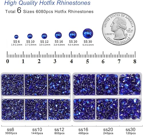 Miniatura 4 de BEADSLAND Hotfix - 6080 diamantes de imitación azul oscuro para ropa y manualidades, mezclados en 6 tamaños con kit de lápiz de cera y pinzas,