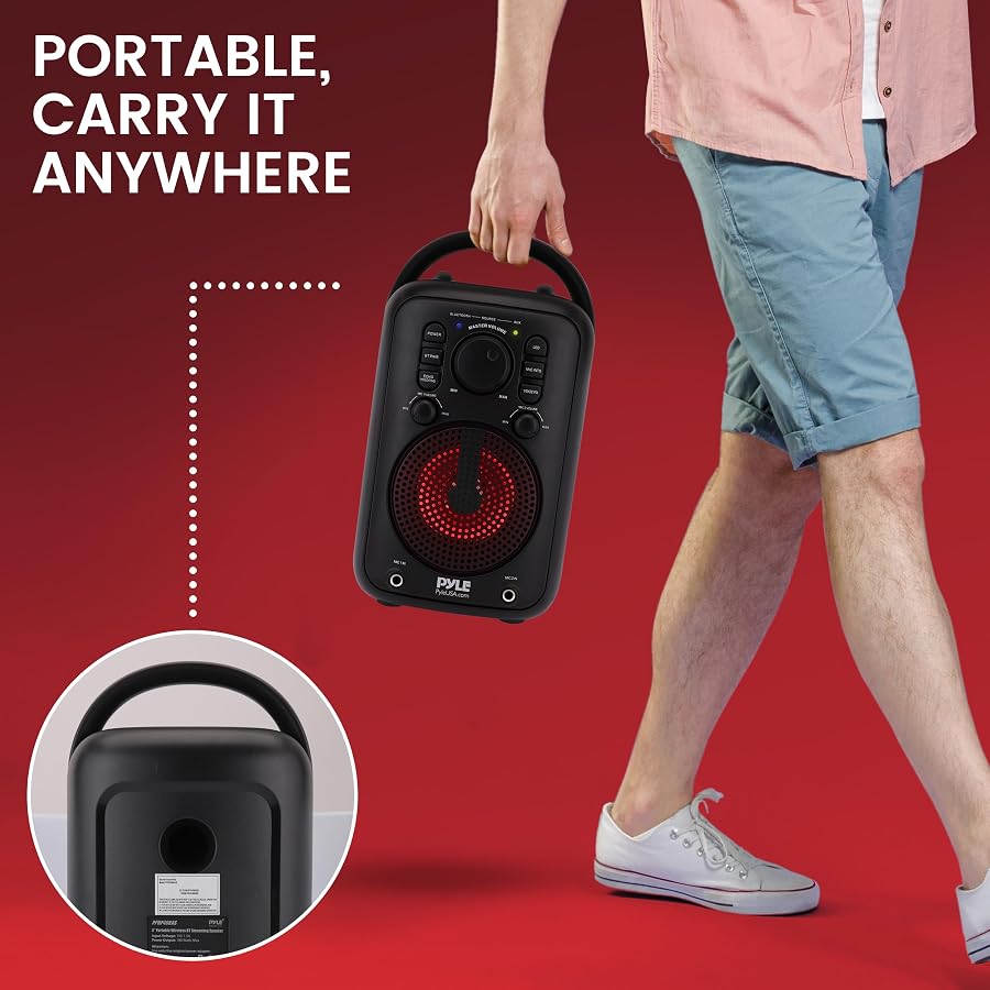 Pyle 4” Wireless BT Streaming Speaker - Portable Audio Speaker, with Two Microphones and Stand to Put Mobile Phone, 5.0 Bluetooth, Big Bass & Clear Sound, MP3, Classic Karaoke System, image 6