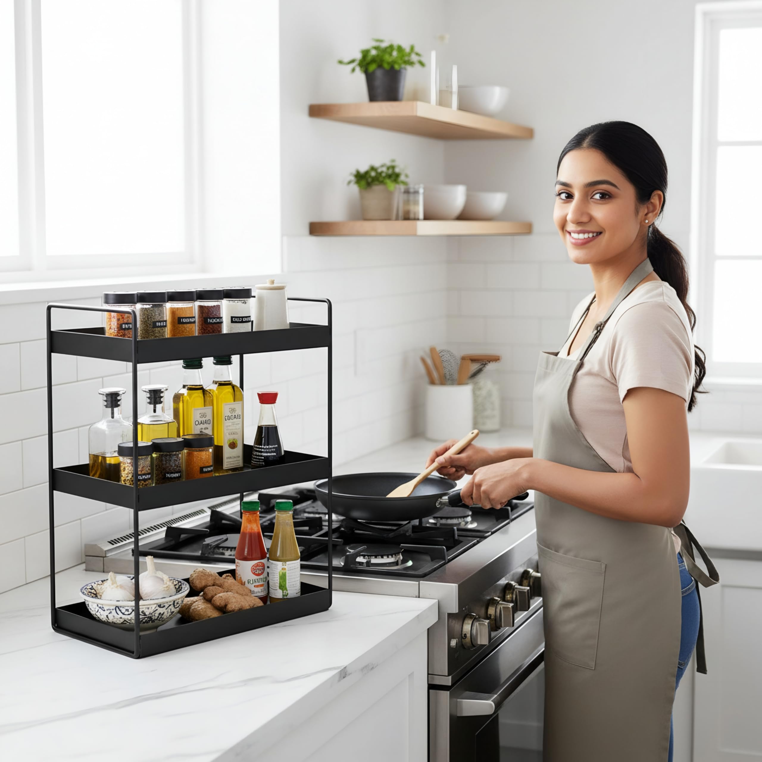 Heavy Duty Metal Stand 3-Tier Standing Rack for Home, Bathroom Countertop Storage Shelf, Cosmetic Organizer Holder Kitchen Spice Rack, (Black)-image-46