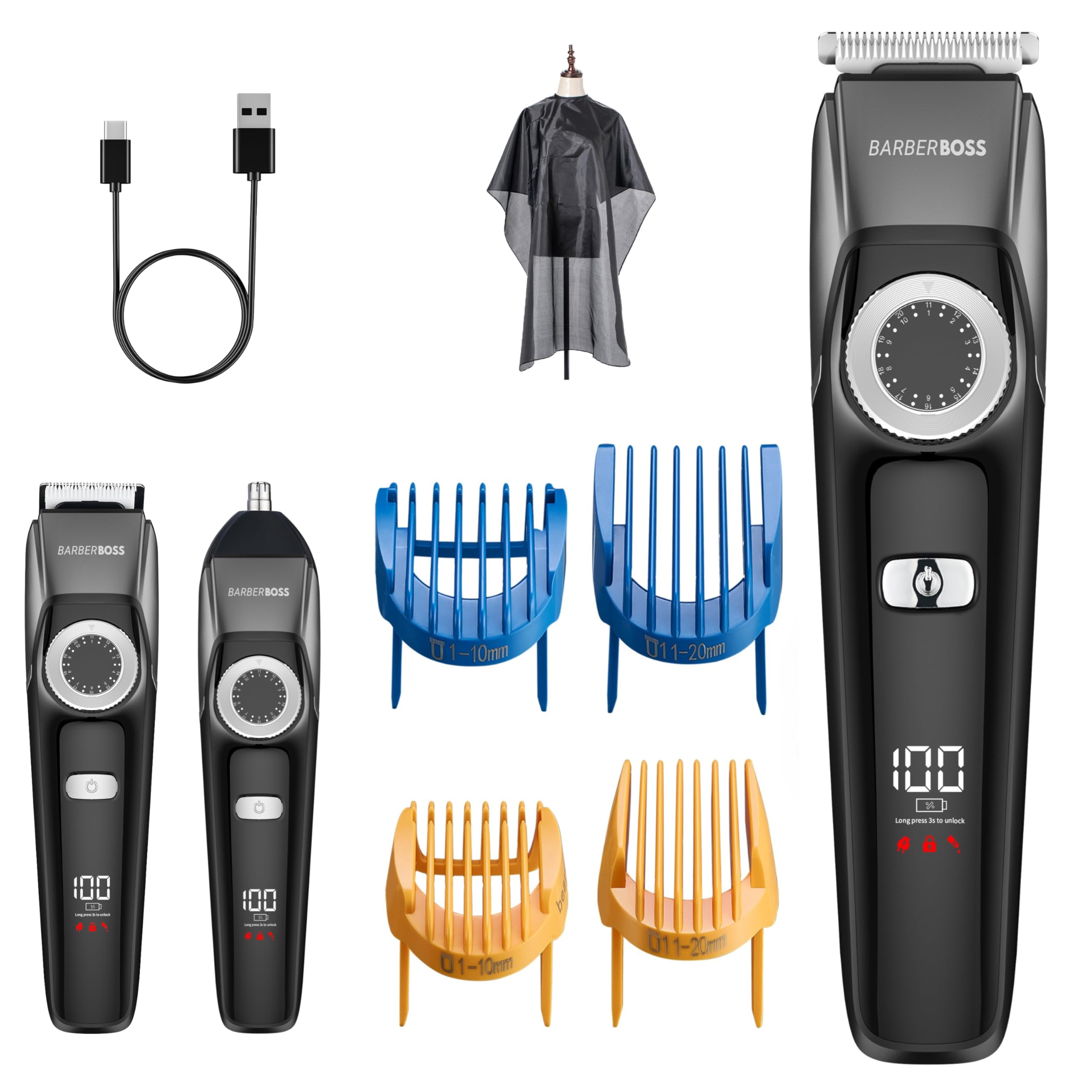 BarberBoss Men’s Cordless Beard Trimmer Kit, 3-in-1 Groomer for Men, Beard, Hair & Nose Clipper with Adjustable Dial, Ceramic Blades, Men’s Complete Grooming Kit