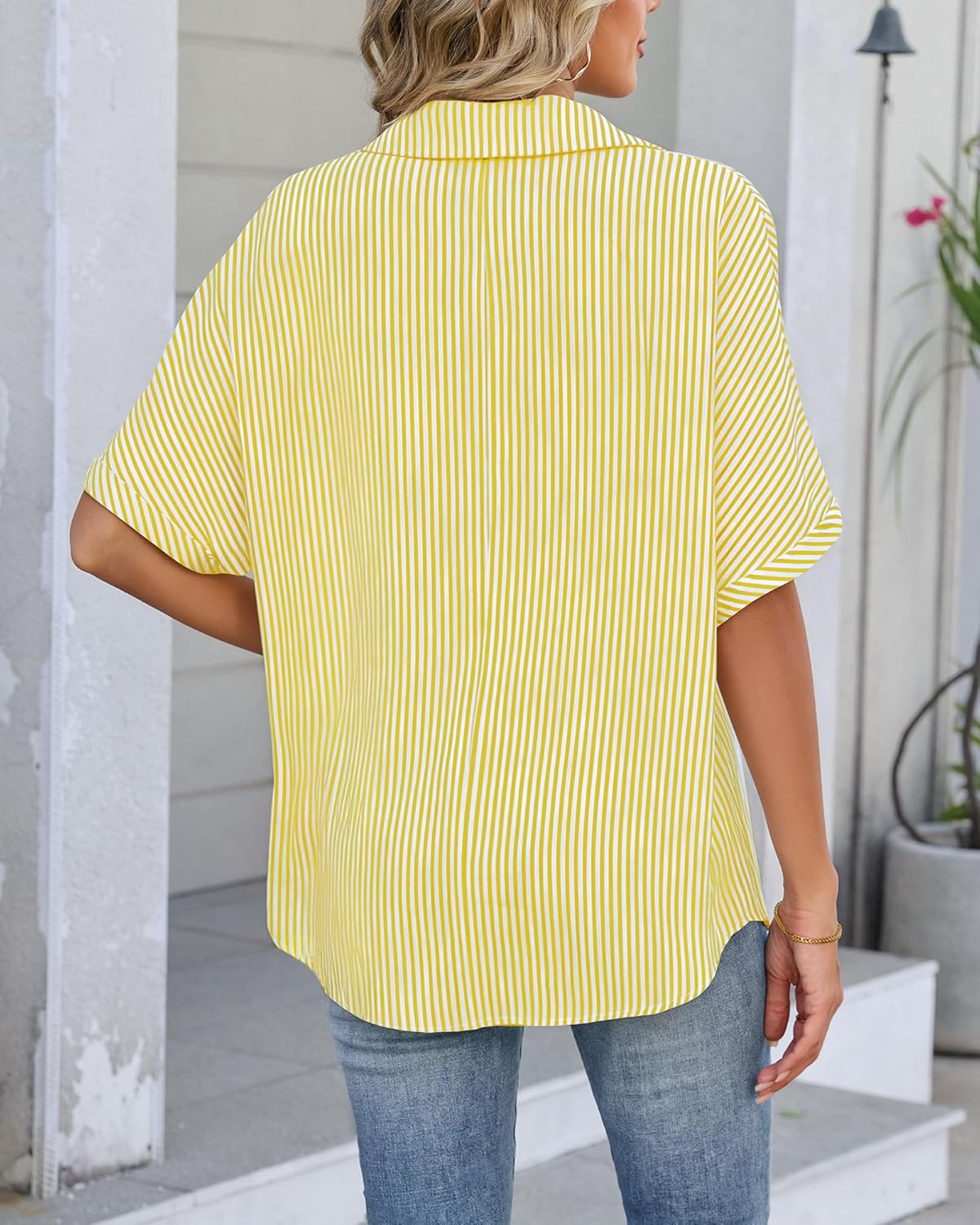 Womens Loose Fit Shirts Short Sleeve Striped Shirt Casual Collared Tops Women Office Work Blouses - Image 4