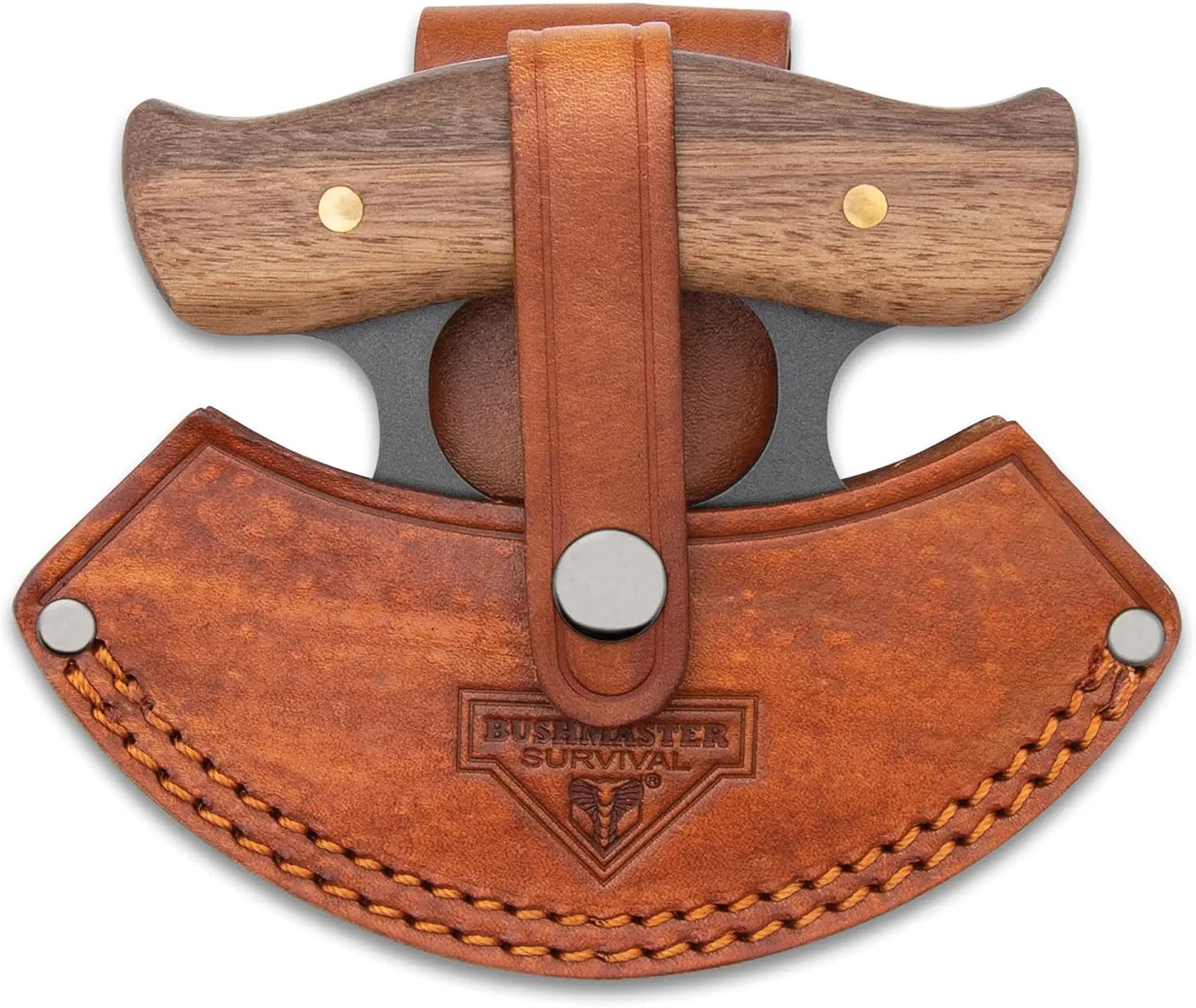 BUSHMASTER Wilderness Ulu Knife and Leather Belt Sheath - 1095 High Carbon Steel Curved Blade, Ergonomic Hardwood Handle, Brass Pins, Use for Campsite or Kitchen for Slicing - Length 4 4/10”
