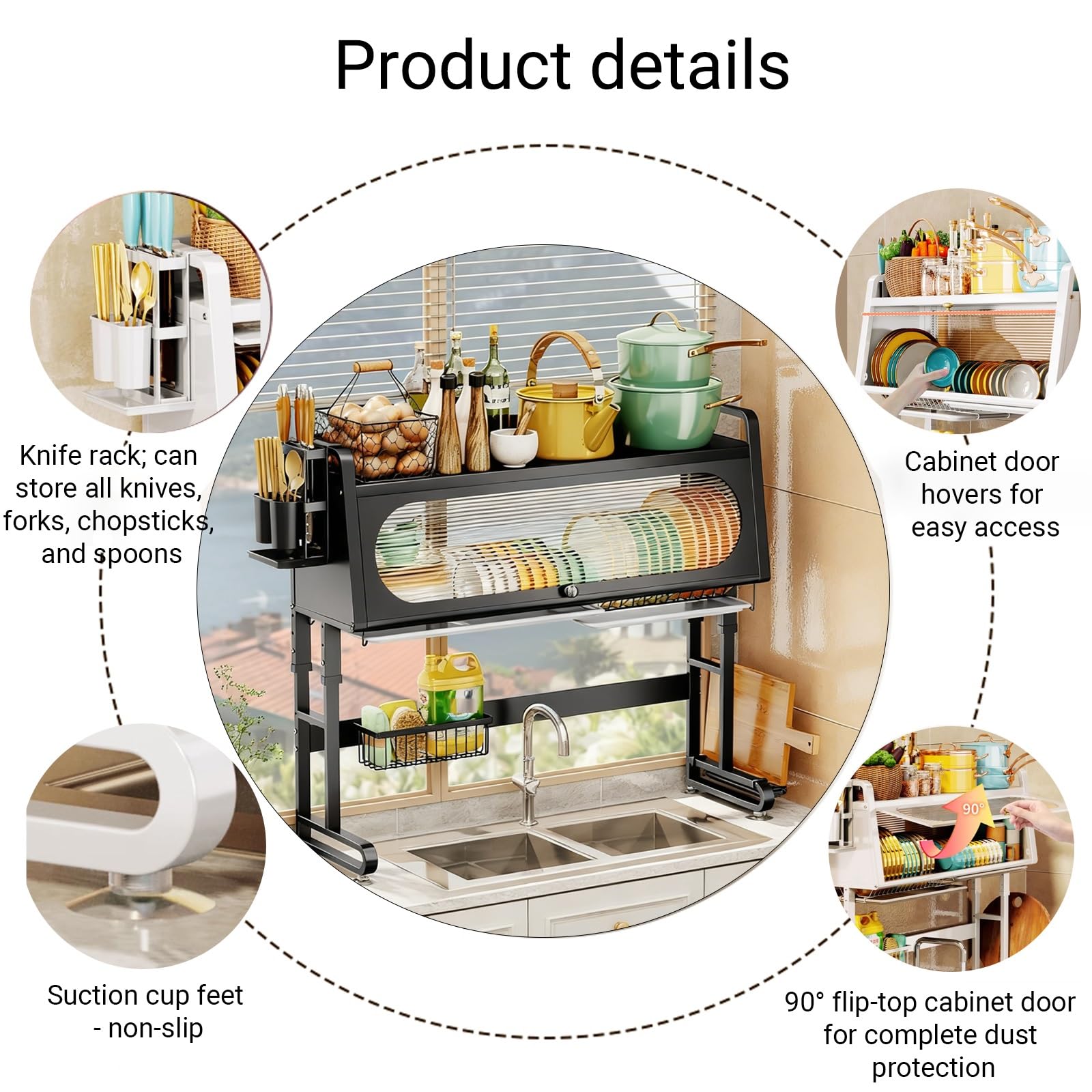 Escurridor de Platos Grande para Colocar sobre el Fregadero, Altura Ajustable, Estante de Almacenamiento con Tapa, Ahorra Espacio para Platos, Vasos, Cuencos y Cubiertos (Negro, 107 cm/42,1