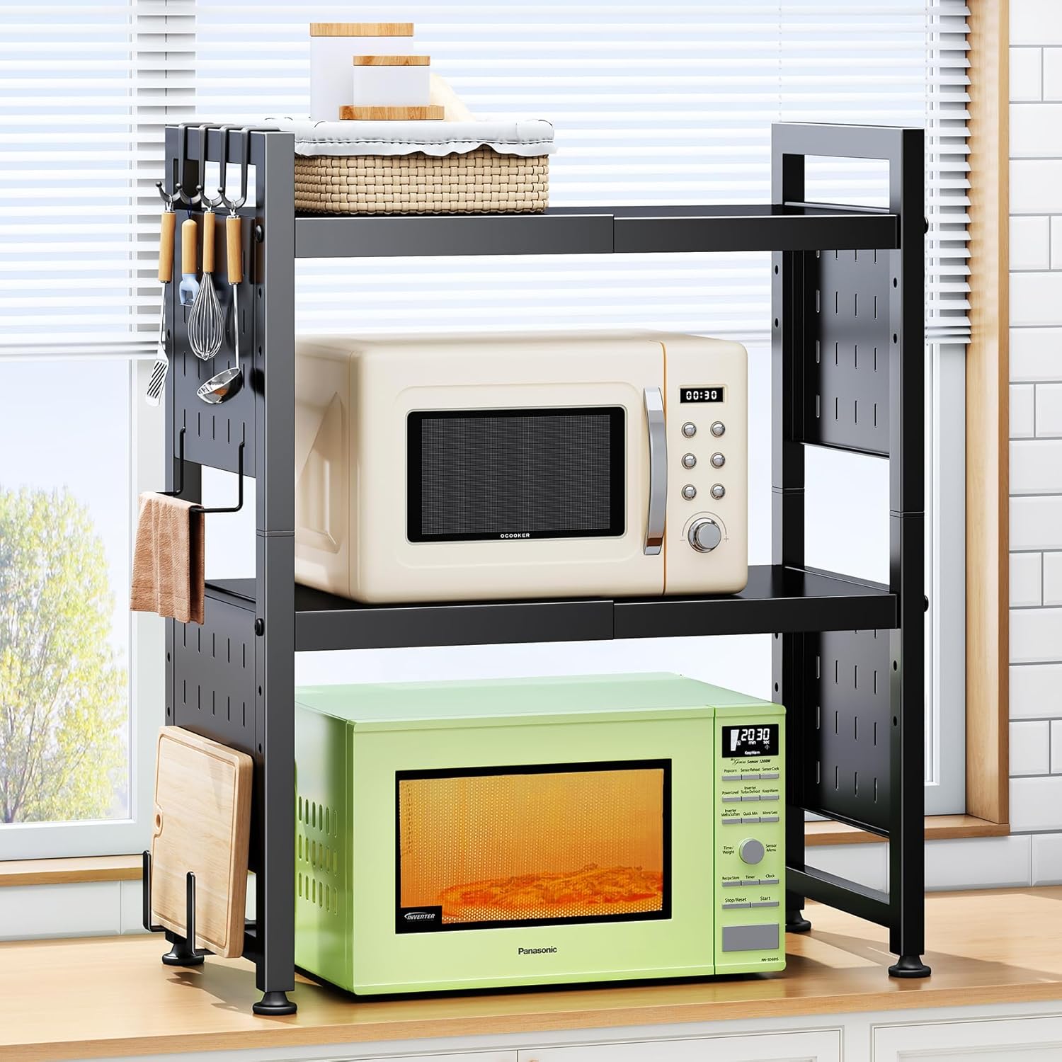 Expandable Microwave Stand, Heavy Duty 3-Tier Adjustable Microwave Oven Rack Shelf with 8 Hooks & 2 Holders, Space-saving Kitchen Counter Shelf for kitchen organizers and storage, 200lbs Capacity 3-Tier Black