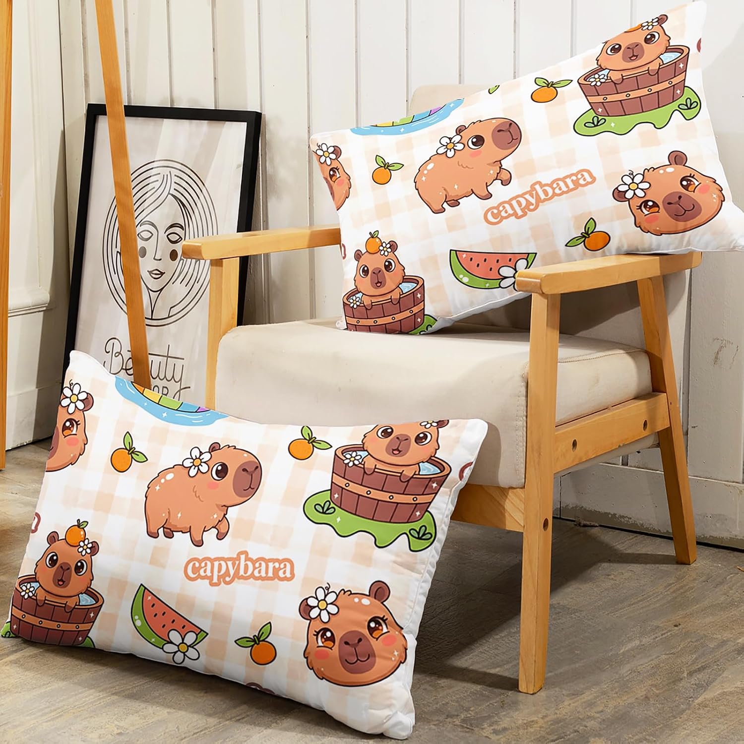 AILONEN Cute Capybara Fitted Sheet Set Queen Size, Cartoon Capybara Orange Bedding Set for Kids Teens Girls Boys,Kawaii Animal Bed Sheet Set,1 Fitted Sheet + 2 Pillowcases,3Pcs