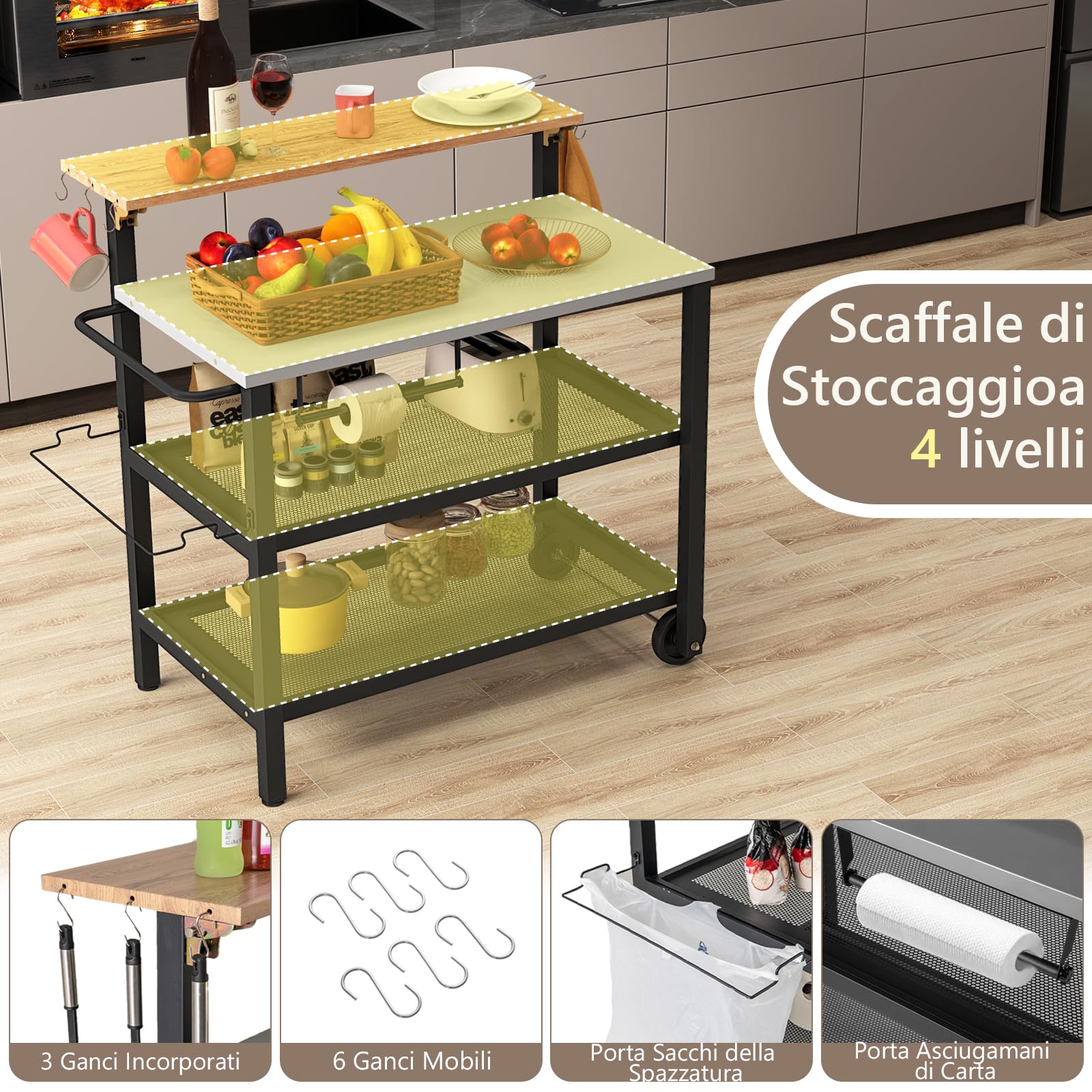 GYMAX Carrello Bar con Piano Ribaltabile, Supporto per Forno a 3 Ripiani con Ruote, Scaffali e Ganci, Carrello per Griglia con Porta Carta Asciugamani/Sacchetti, Carrello da Servizio da Esterno