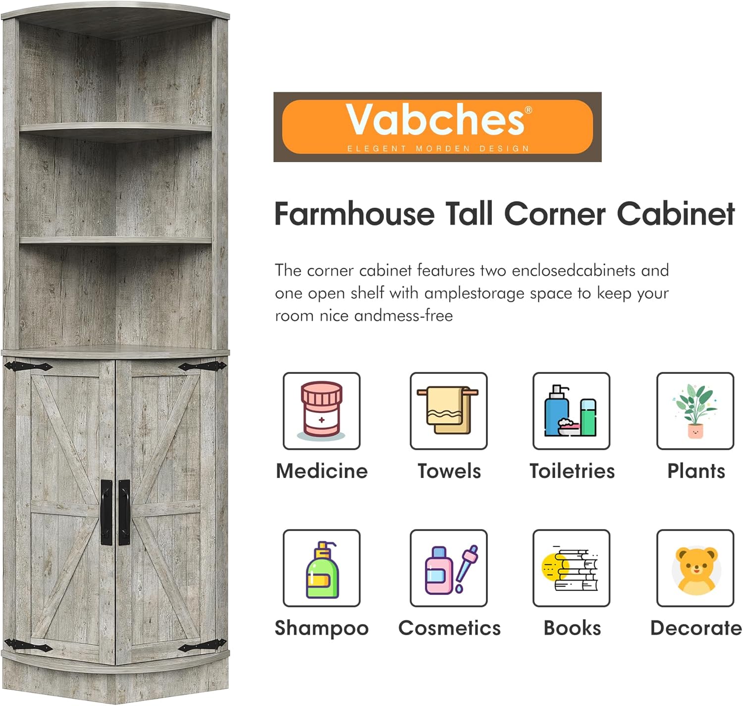 Vabches Corner Cabinet product details: farmhouse barn door, metal handle, metal decoration.
