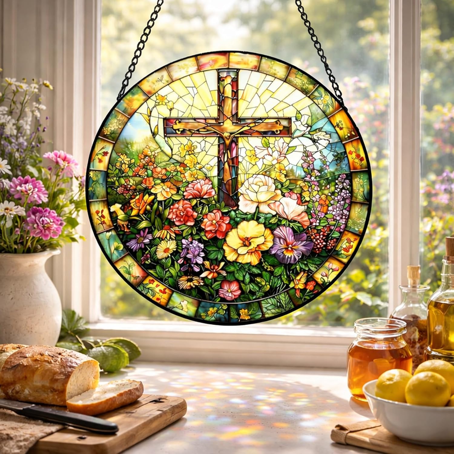 Christian Cross Floral Stained Glass Style Suncatcher Round Window Hanging Religious Home Decor Sun Catcher for Window Church Prayer Room Garden Decoration Easter Gift for Women & Men 7.8 Inch